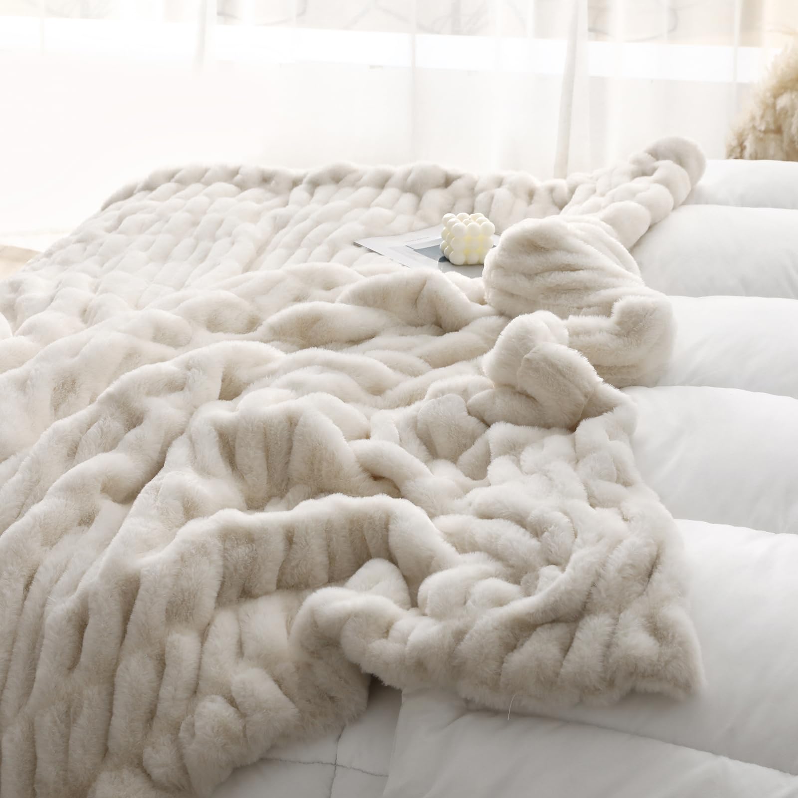DREAMLANDING Faux Rabbit Fur Luxury Plush Sherpa Throw Blanket Reversible Fuzzy Warm Cozy Fluffy Fur Blanket for Bed Sofa Couch Home Decor (Beige - Image 4
