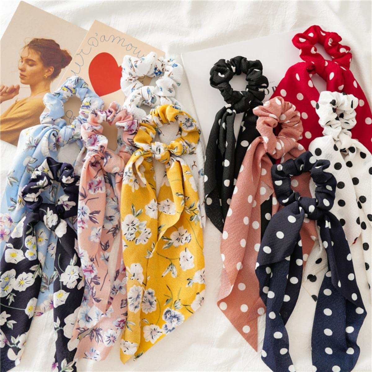 Wstążka do włosów Scrunchie Szalik Szyfonowa kokarda Elastyczne gumki do włosów Długi kucyk Krawaty Modne nakrycia głowy Akcesoria do włosów dla kobiet-Kwiat różowy (beżowy żółty)