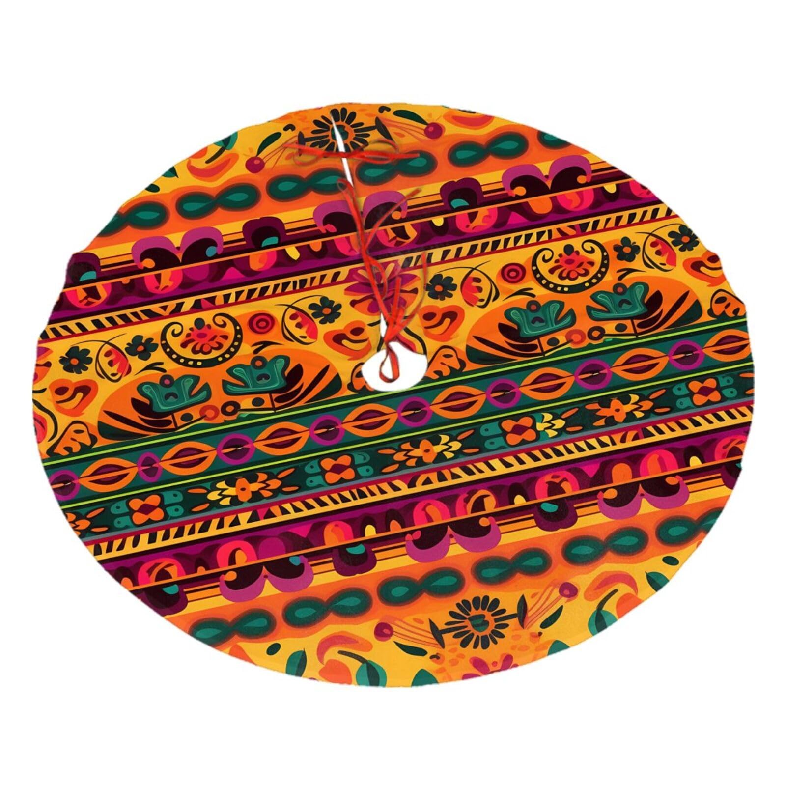 Mexican Folk Art Boho Christmas Tree Skirt 30",Soft Plush Xmas Tree Mat Christmas Tree Oranment for Merry Christmas Party Holiday Indoor Outdoor Decorations