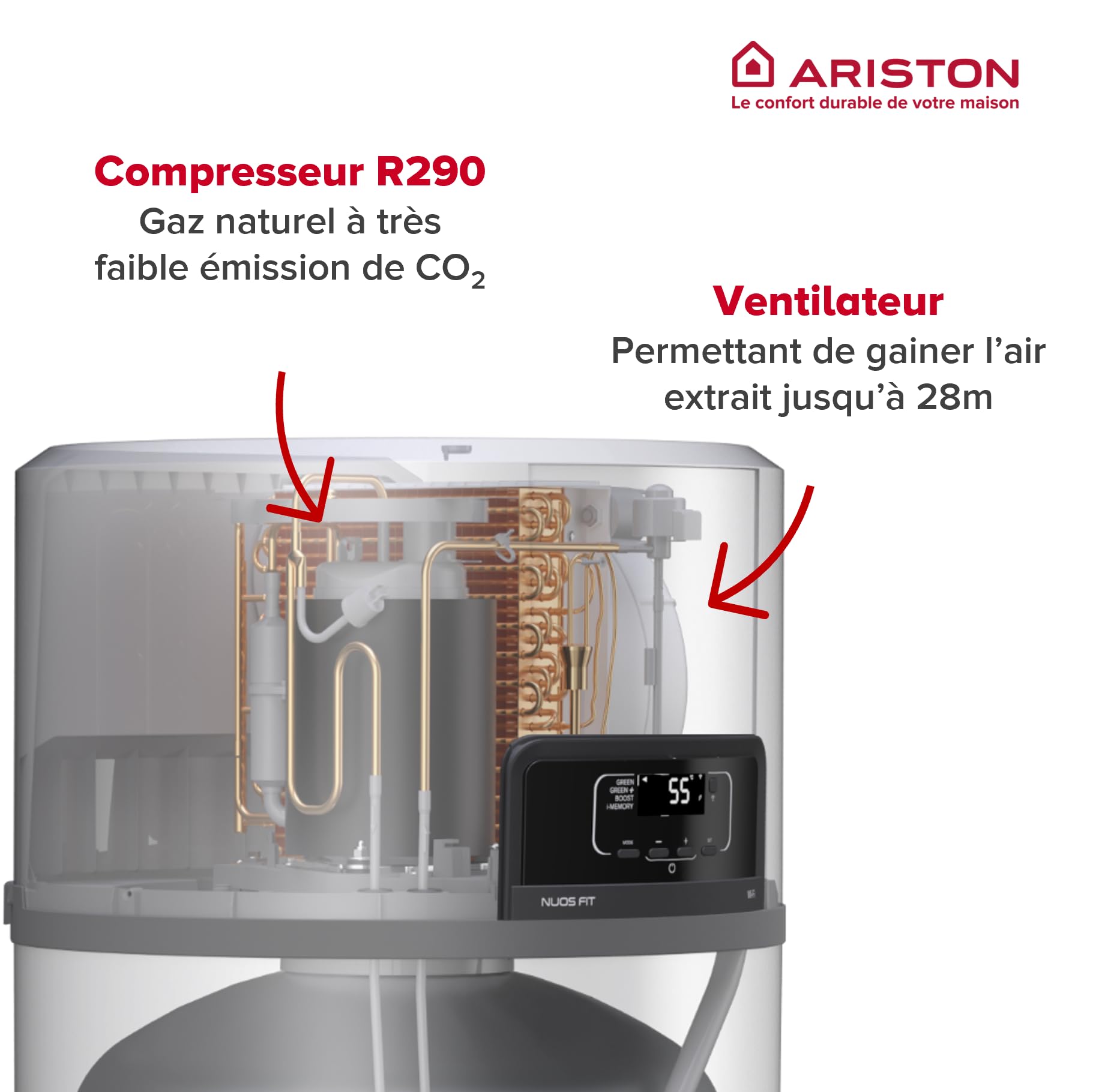 Ariston NUOS FIT WIFI 200L – Chauffe-eau Thermodynamique Air Ambiant A+, NF Perf 2**- Efficience Maximale Économies 80%, Propane R290, Compatible Photovoltaïque, Revêtement Cuve Titane, Made in France