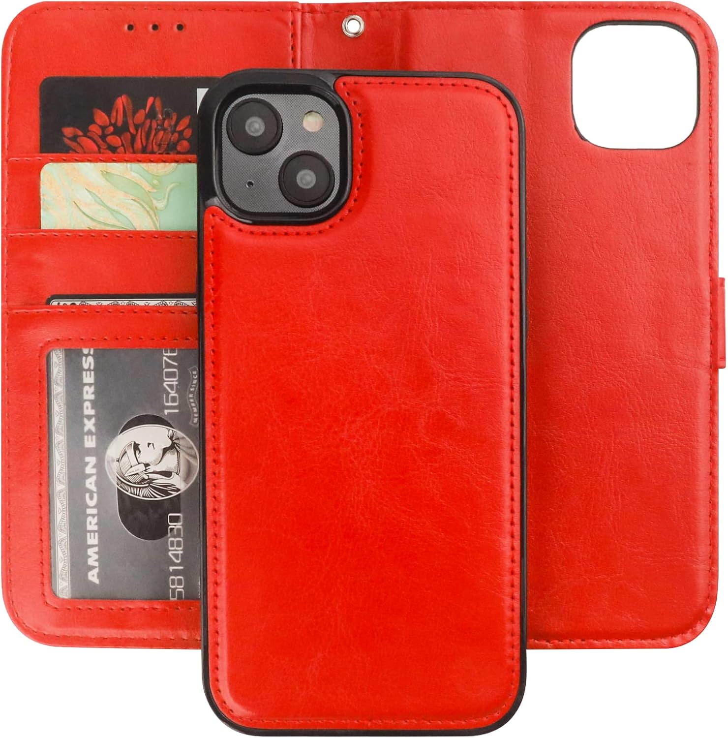 Bocasal Detachable Wallet Case for iPhone 14 Plus RFID Blocking Card Slots Holder Premium PU Leather Magnetic Kickstand Shockproof Wrist Strap Removable Flip Protective Cover 5G 6.7 inch (Red)