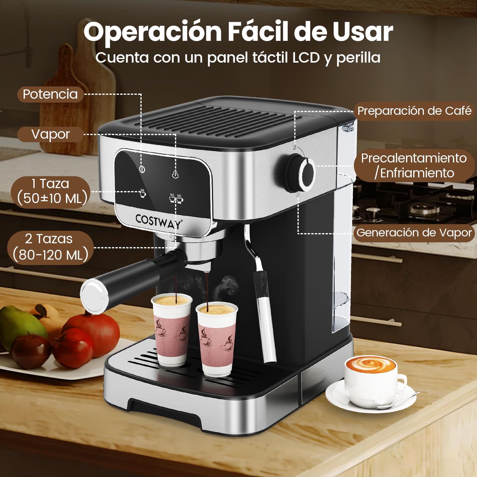 COSTWAY Cafetera Espresso 1200w, Presión de 20 Bares, Maquina de Cafe con Depósito de Agua Extraíble de 1,8 L, Espumador de Leche a Vapor, Coffee Machine para Baristas Cappuccino Macchiato