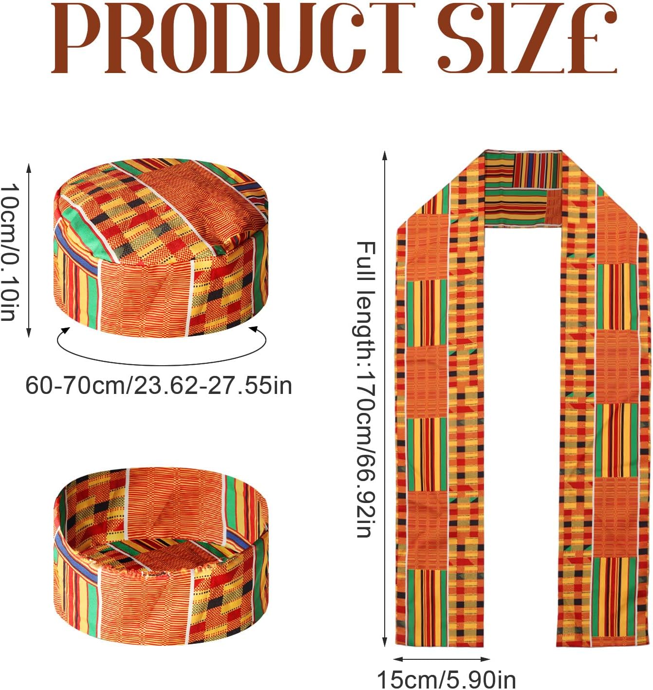 2Pcs African Kente Pattern Kufi Hat Men African Print Scarf Black African History Stole Sash Graduation Women Accessory