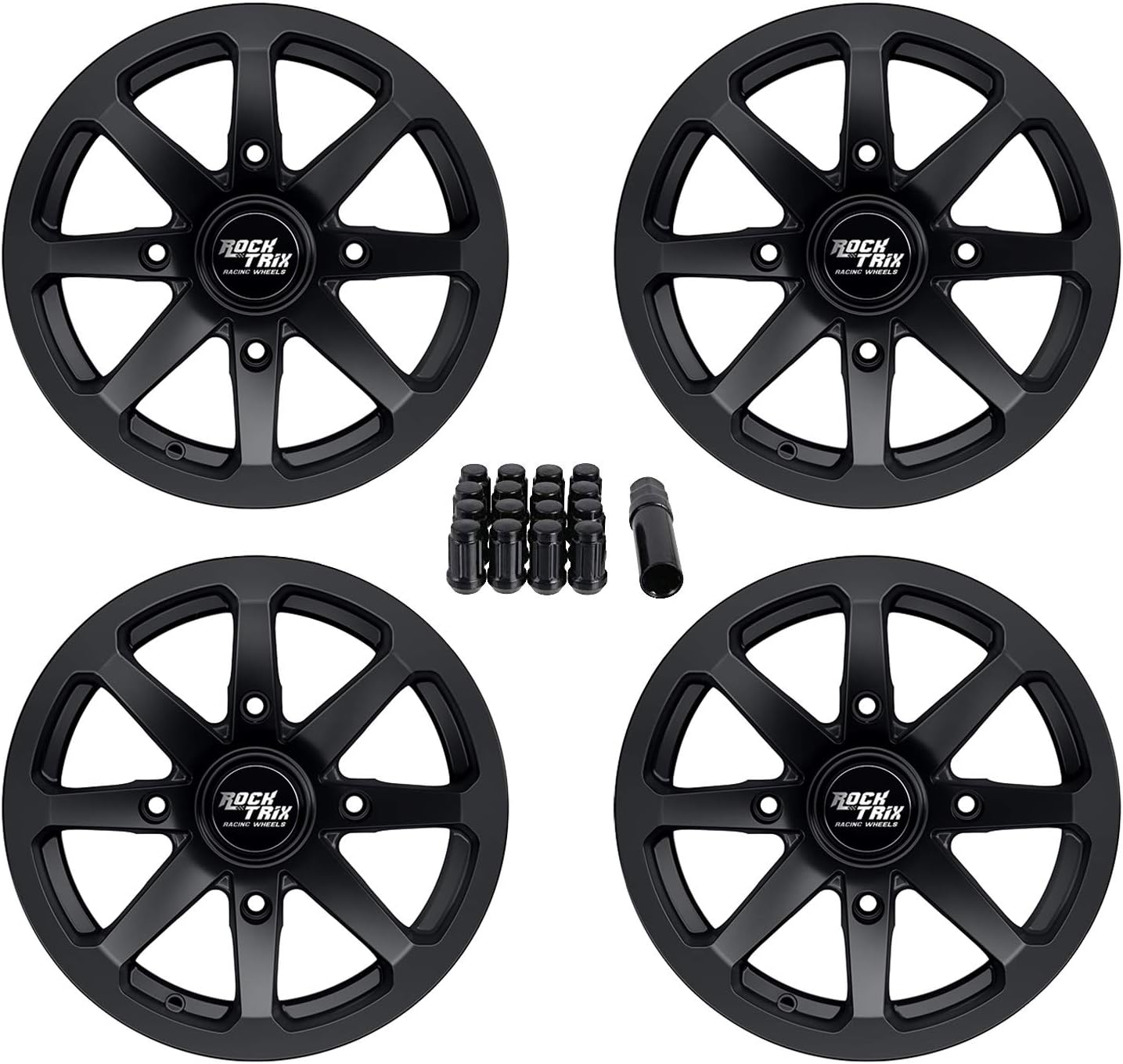 RockTrix RT102 14in ATV Wheels Rims 14x7 Black 4x137, 5+2 Offset, includes 10x1.25 Spline Lug nuts, Compatible with Bombardier Can-Am Maverick Commander Renegade Outlander 4/137 (Set of 4)