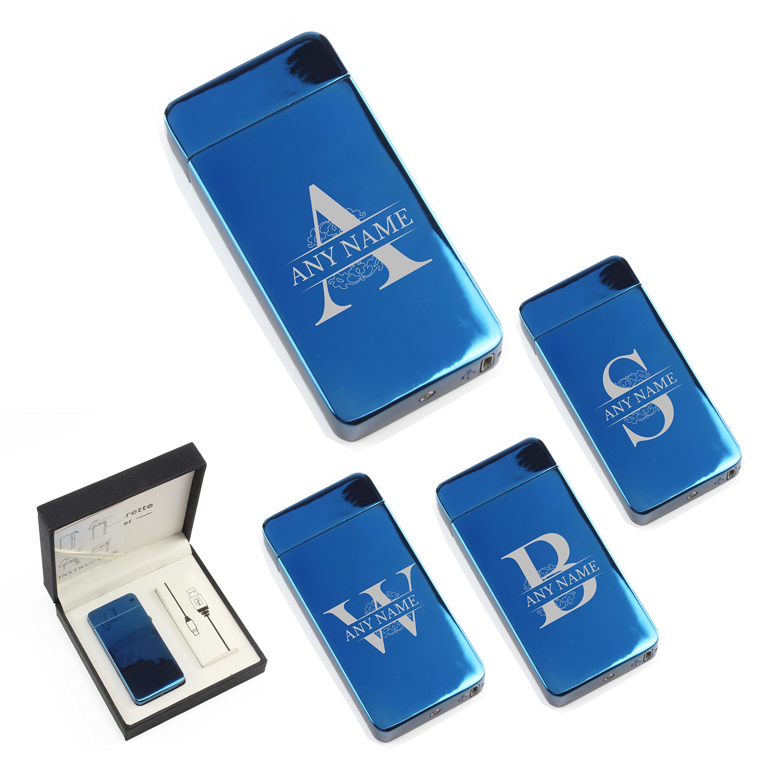Personalised Engraved Reflective Blue Electric Lighter, Arc Lighter, Comes with Presentation Box, USB Rechargeable, Any Letter Design, Gift for Him, Engraved in The UK