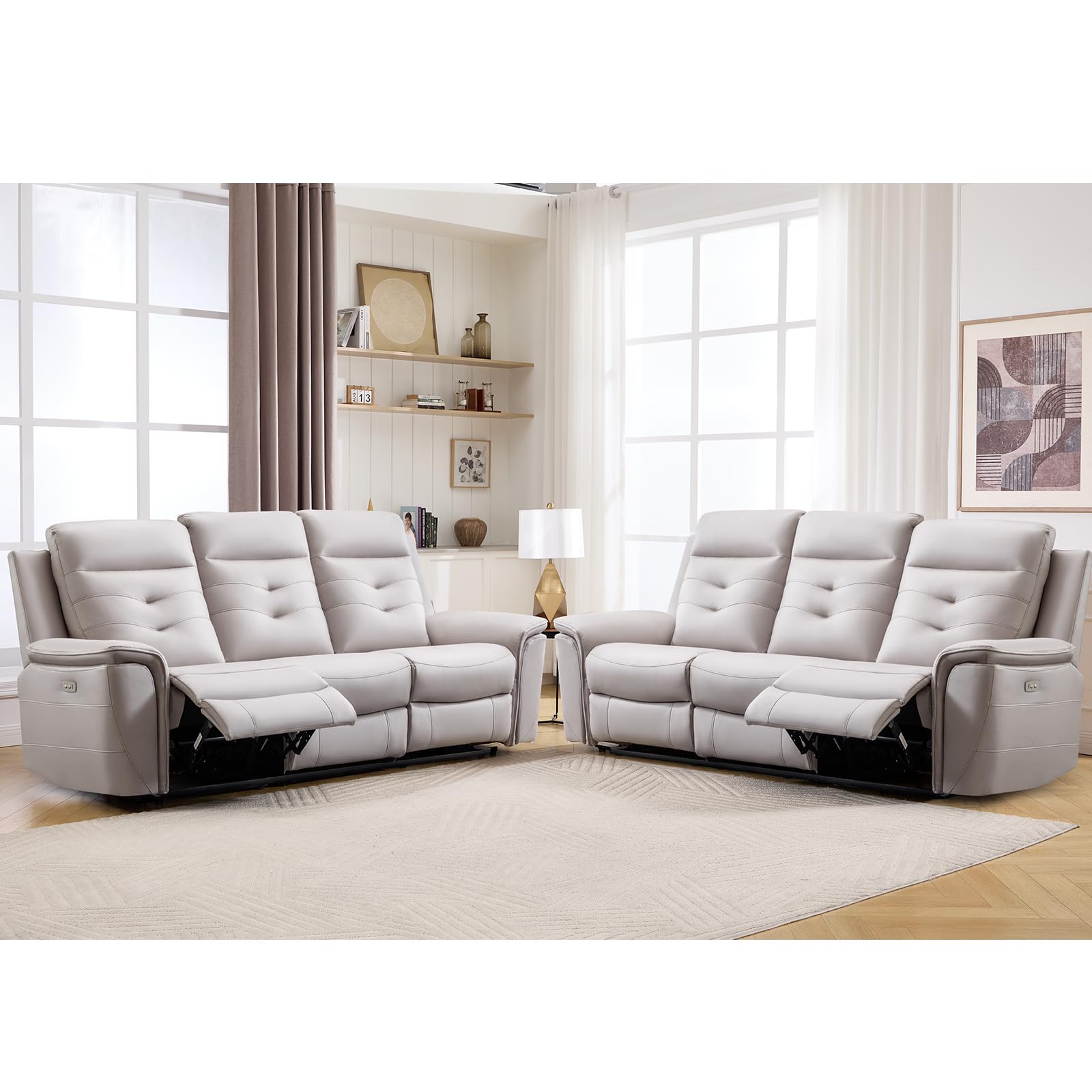 ANJ Power Oversized Reclining Sofa Couch Set of 2, Breathable Faux Leather 3-Seater Electric Recliner Couches with USB Charging Ports for Living Room, Beige