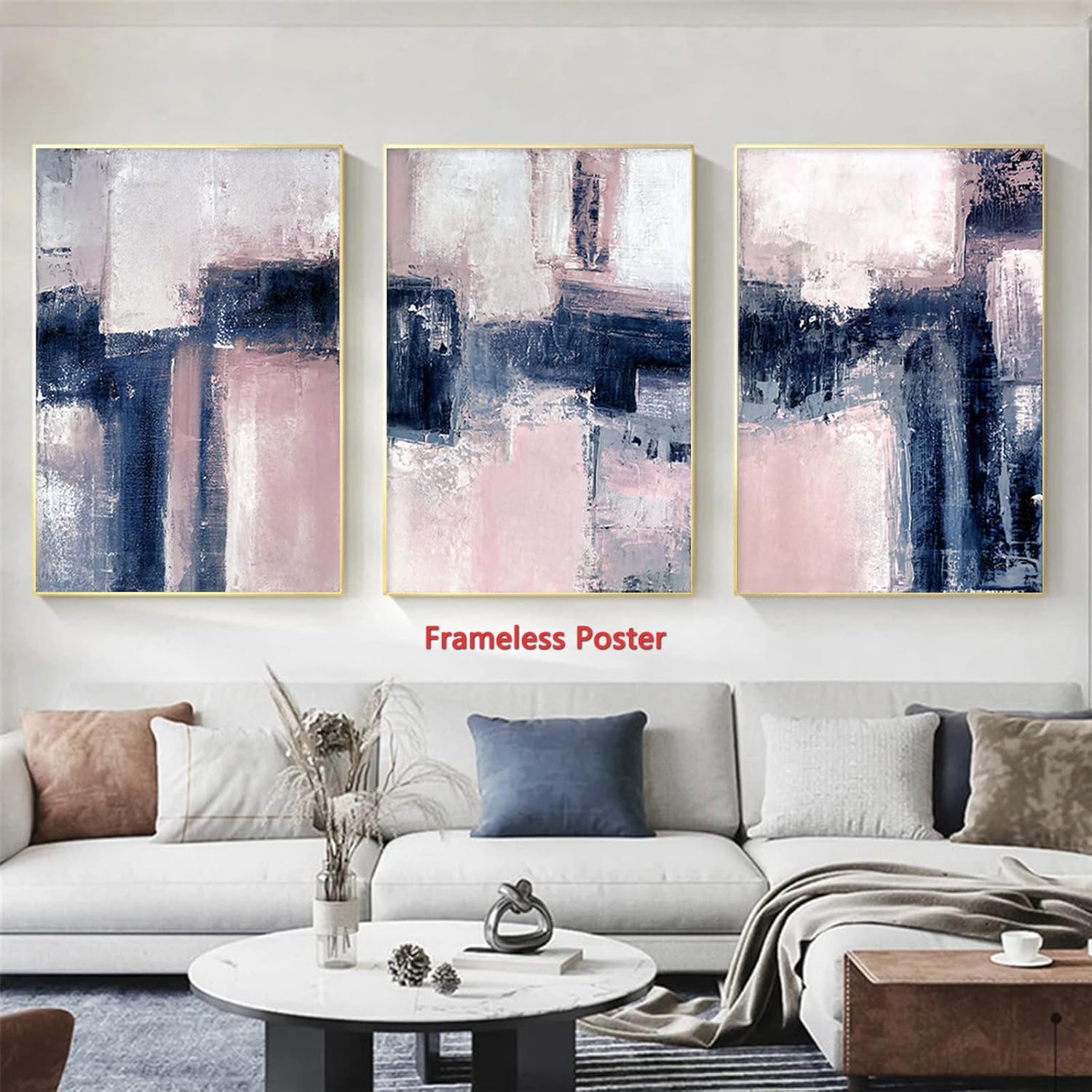 Blush Pink and Navy Blue Abstract Wall Art Canvas Prints Modern Blue Pink Abstract Texture Wall Art Picture Paintings for Living Room Bedroom Office Neutral Texture Artwork 16x24inx3pcs No Frame