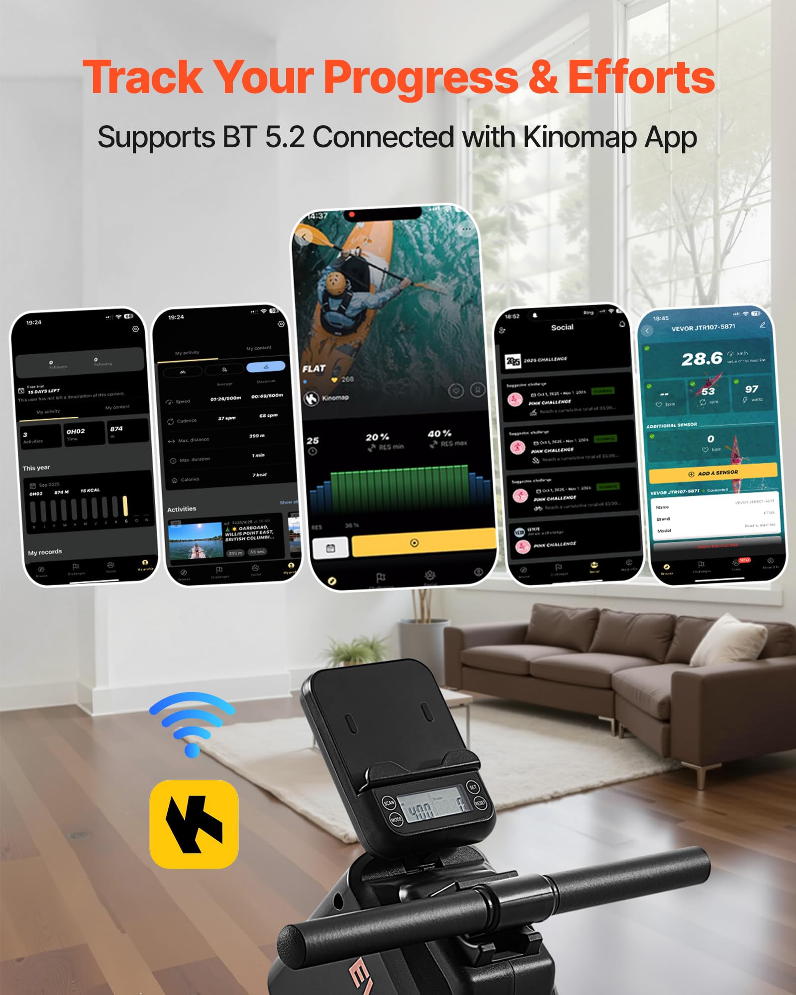 VEVOR Vogatore Magnetico, Resistenza Silenziosa Regolabile a 16 Livelli, Vogatore Pieghevole per la Casa, Capacità 158 kg, Vogatori Allenamento Aerobico con APP Bluetooth e Monitor LCD
