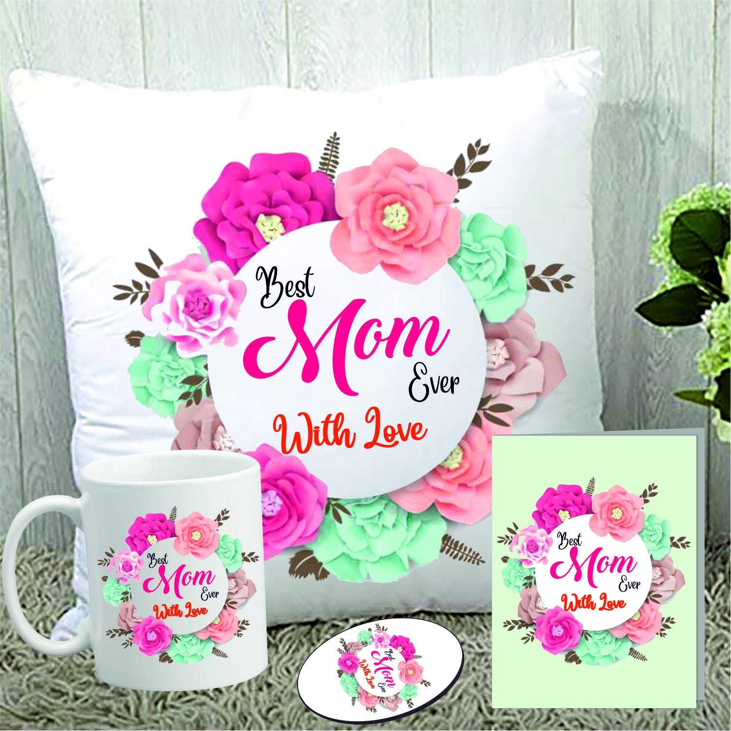 PICRAZEE Gift Combo for MOM | Mummy | Mother | Women's Day | Mothers Day | 1 Printed Cushion 12*12 INCHES with Filler, 1 Printed Coffee Mug 330 ml, 1 Printed Wooden Fridge Magnet, 1 Greeting Card