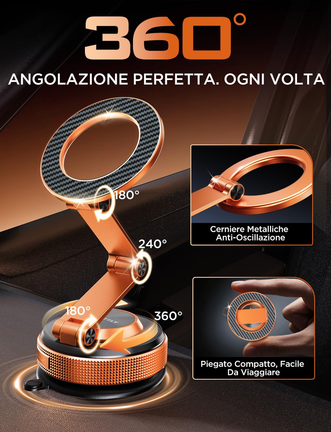 MSXTTLY Porta Cellulare Auto–Vmag S3 Supporto Magnetico a Vuoto con Magneti Potenti e Braccio Doppio in Lega,Compatibile con iPhone 17 Pro Max,iPhone 16 Pro Max–12 e Android(Anello Magnetico)Arancione