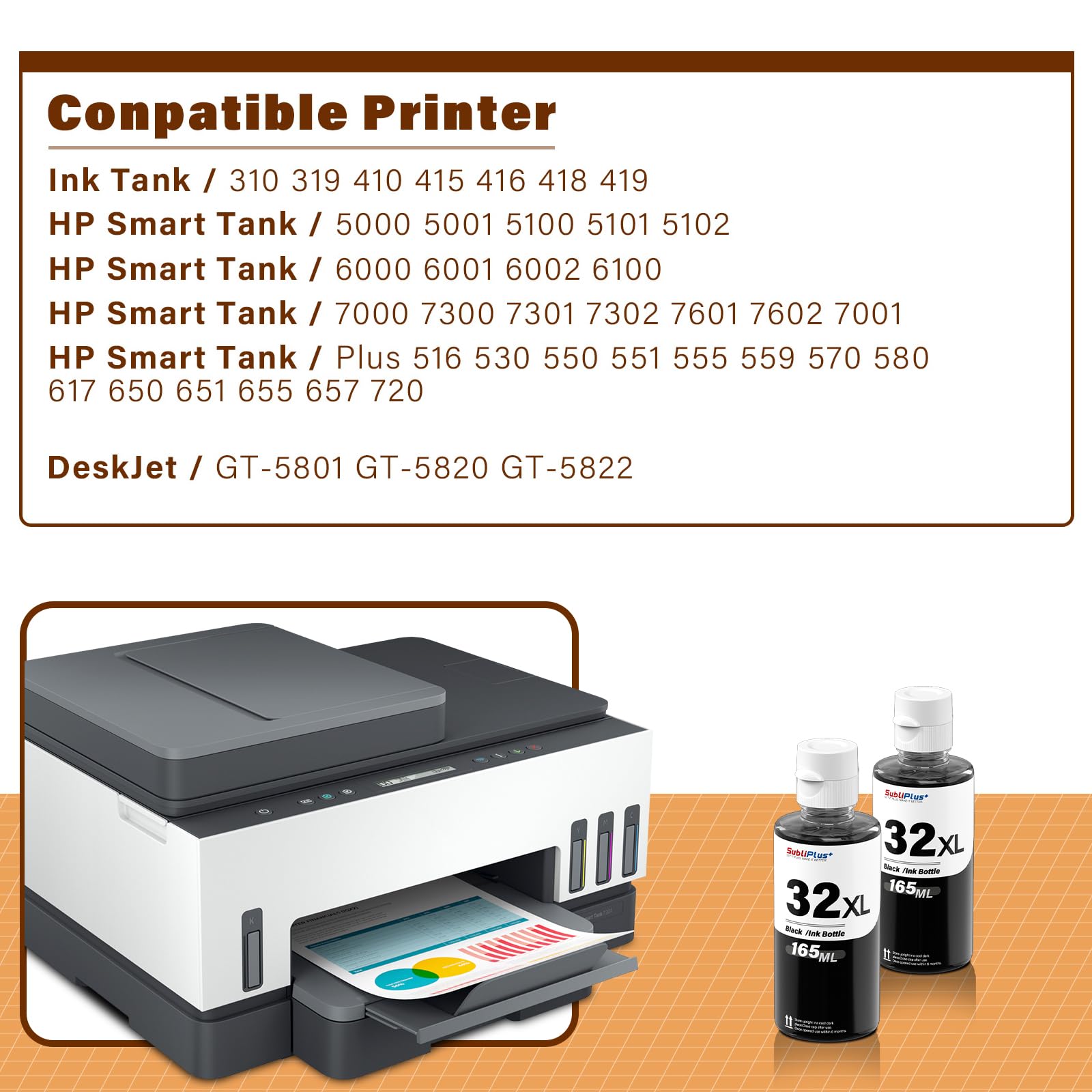 High Capacity Copatible With HP 31 32XL Ink Refill Bottles Set For HP Sart Tank 7301, 7602