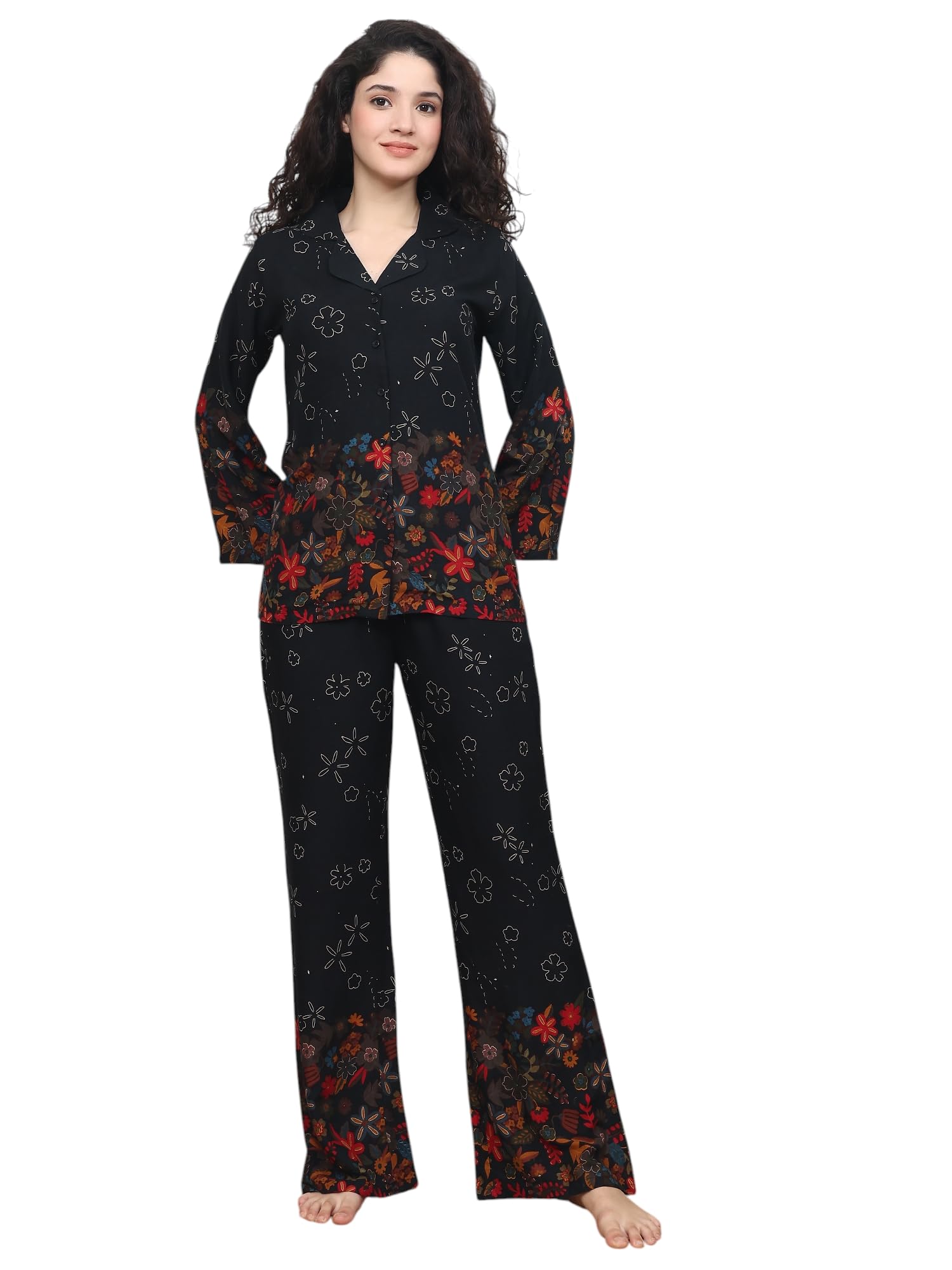 claura Women's Floral Print Night Suit, Black Cotton Pajama Set with Colorful Border Design, Long Sleeve V-Neck Top and Pants, Sleepwear-picture-17