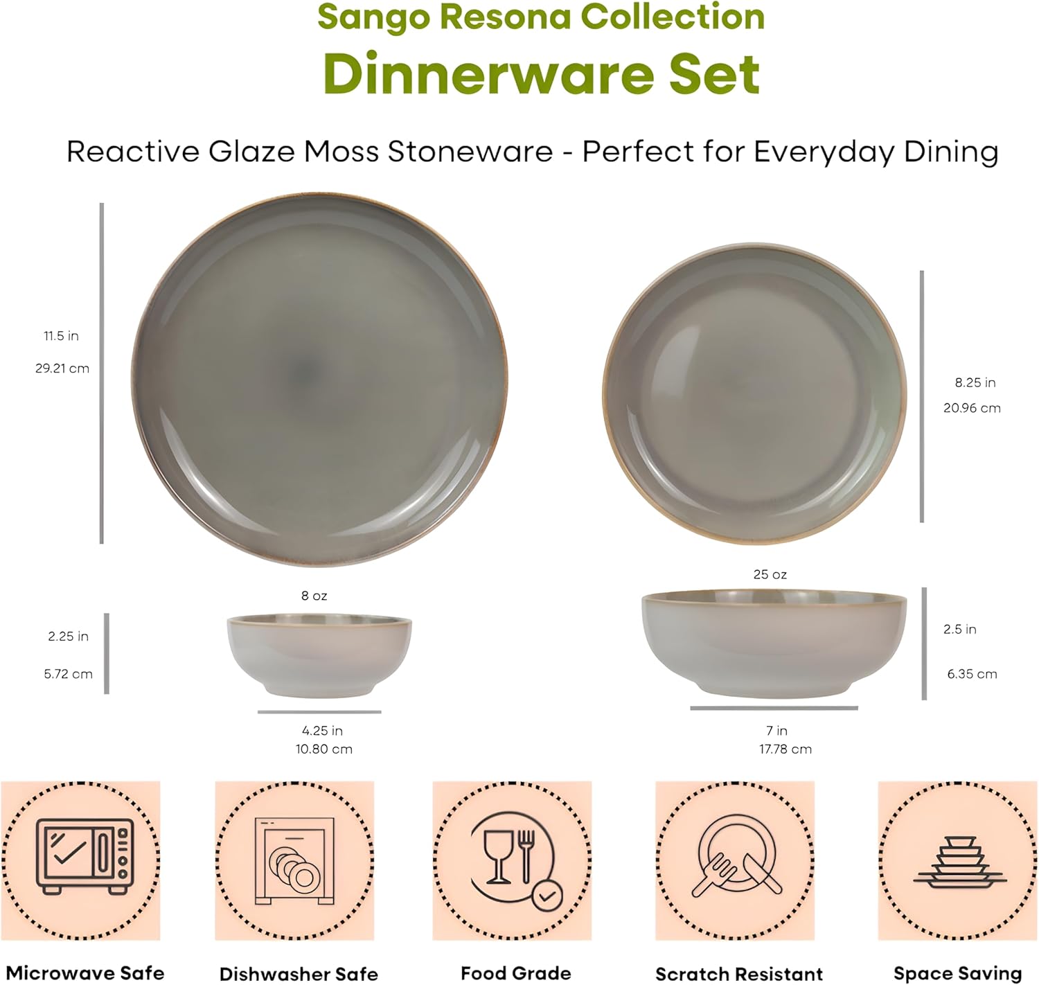 Sango 16-Piece Stoneware Dinnerware Set for 4, Glossy Cream/Green Big Dinner Plates and Bowls Sets with Reactive Glaze, Ceramic Dish Set, Modern Dishes, Microwave & Dishwasher Safe, Resona Moss
