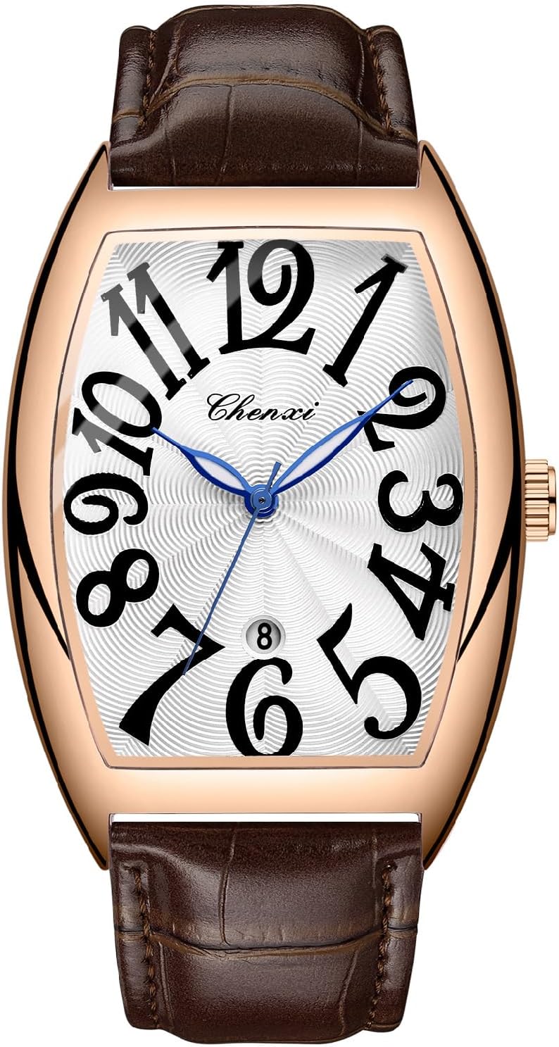 Tiong Men’s Barrel-Shaped Quartz Watch - Colorful Number Dial, Black Leather Strap, Stylish Design, Ideal Gift with Box