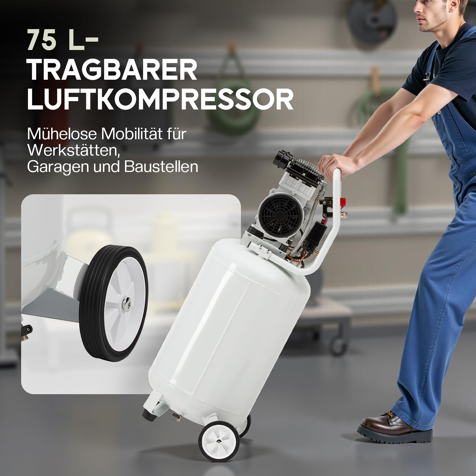 LUXOAK Vertikaler Luftkompressor 75L, 8 Bar 1340W / 1.8 PS, Ölfreier Doppelzylinder Flüsterkompressor mit Rädern – Leise & mobil für Werkstatt und Garage