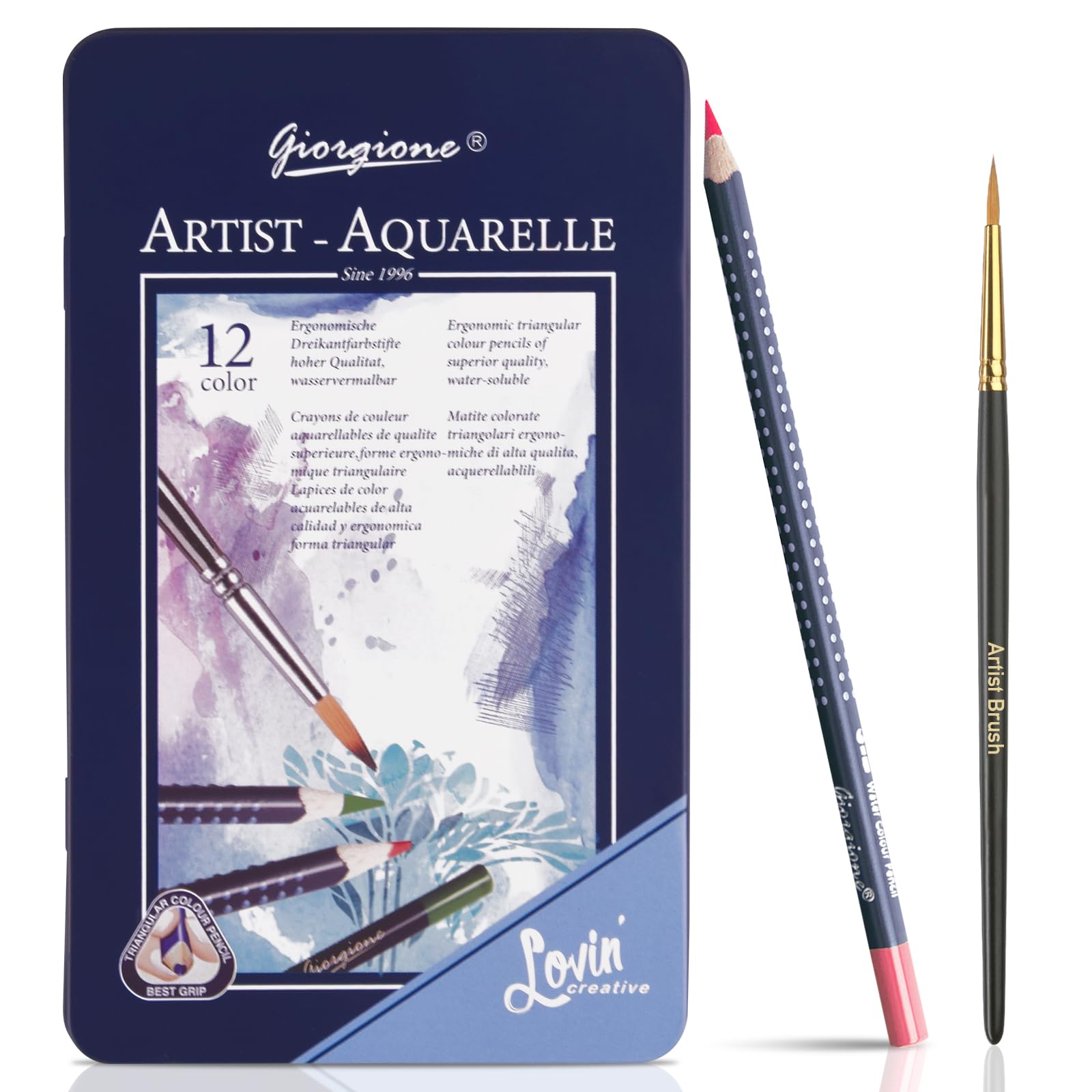 Surcotto Lápices de acuarela - 12 lápices de colores solubles en agua para niños y adultos, a base de agua, colores suaves, con caja de lata y pincel fino, 12 piezas, triangulares
