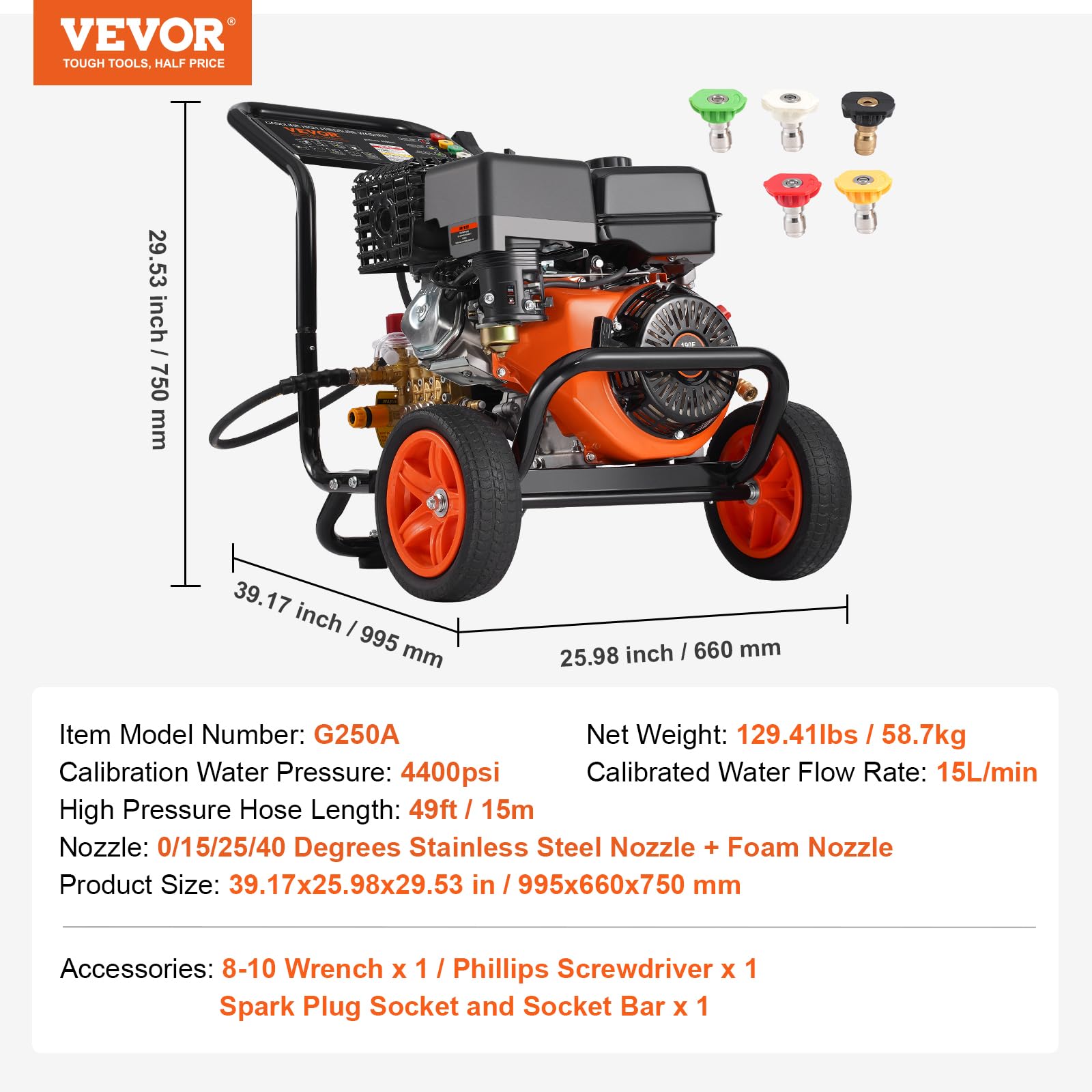 VEVOR Myjka wysokociśnieniowa gazowa 4400 PSI 15 l/min, 2,6 GPM gazowa myjka ciśnieniowa z miedzianą pompą, pistoletem natryskowym i przedłużką, zestaw 5 dysz, do samochodów, ogrodzeń, domów
