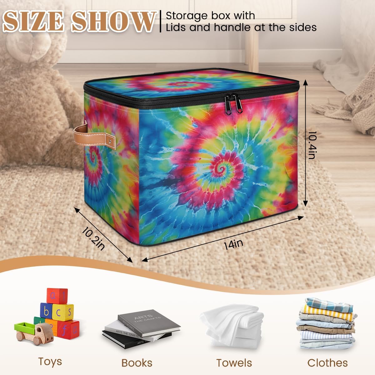 Colorful Tie Dye Storage Bins with Lids, Rainbow Fabric Storage Boxes with Zipper, Collapsible Decorative Closet Organizer Cube for Clothes,Organizing, Shelves image 3