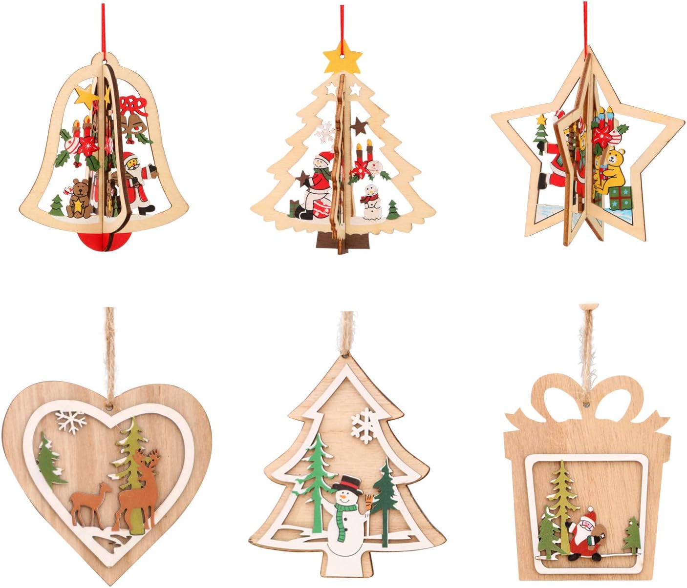 Olinase 6pcs Cartoon Hanging Ornaments Pendants for Xmas Tree Wooden Crafted Decorations Kid's Party Favour (Style 3)