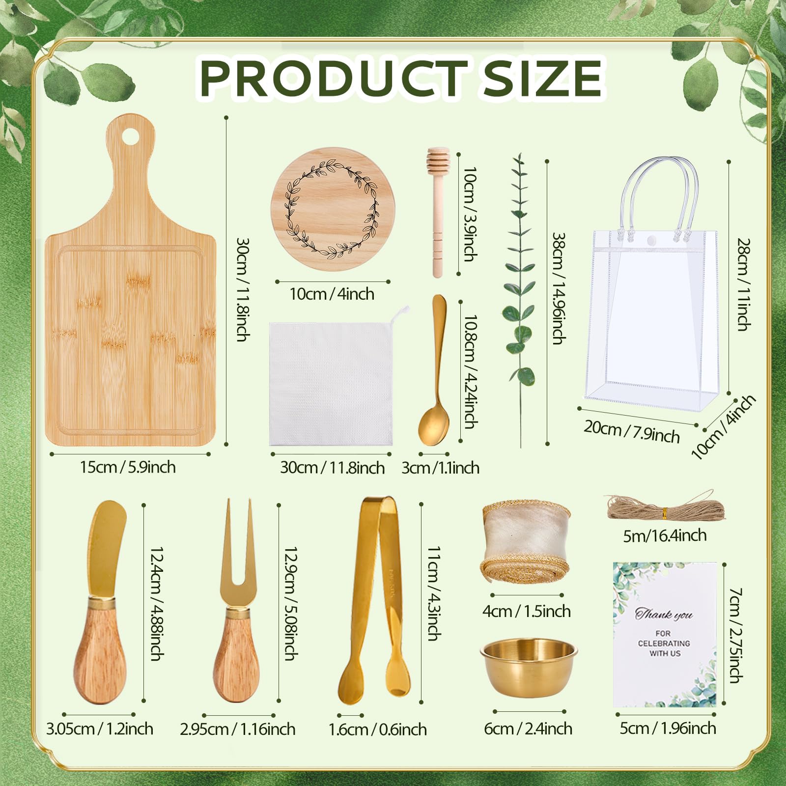 Juego de utensilios de acero inoxidable para los ganadores del juego para los ganadores del juego, tabla de queso, cuchara, cuchara, tarjeta de agradecimiento, bolsas de regalo para baby shower, boda
