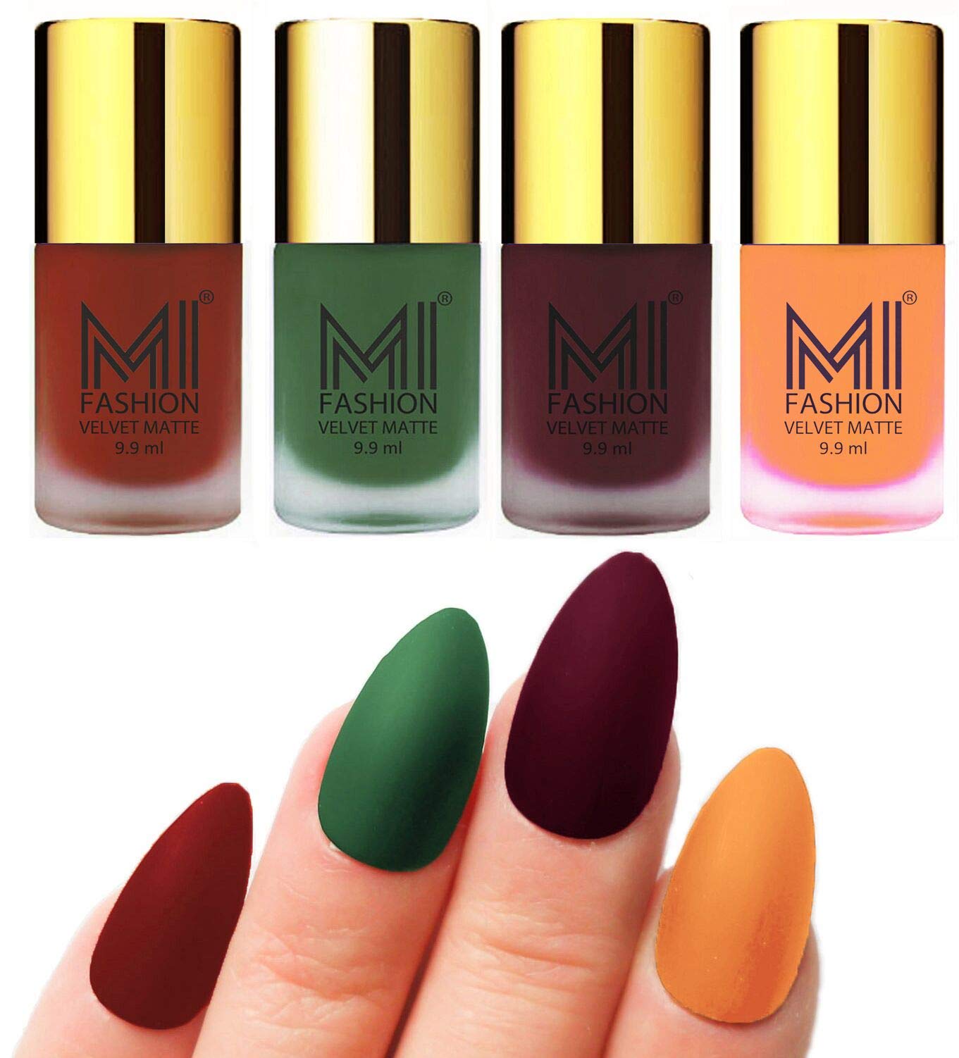 MI FASHION Velvet Matte Nail Polish Sets Longlasting & Waterproof 9.9ml Unique Color Cherry Red, Green, Red Wine, Saffron Orange (Pack Of-4)-image-35