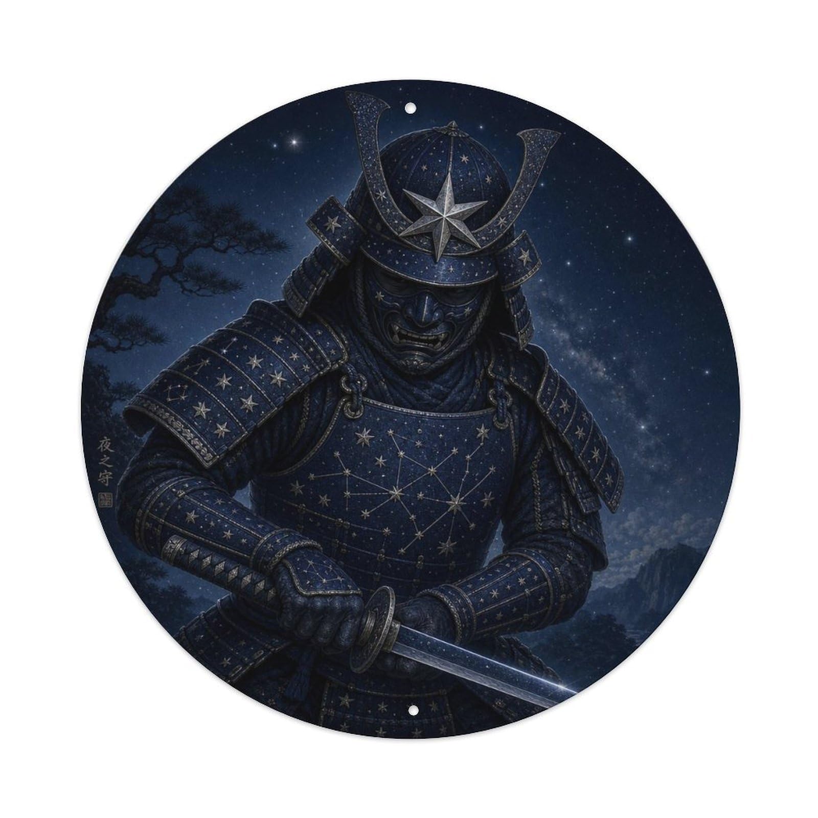 Okngb Style Night Indigo Diagonal Downward Block Samurai Crest Metal Tin Sign Plaque Wall Decor For Cafe, Man Cave, Club Bar, Office, Home Garden Round Metal Poster 8X8inch
