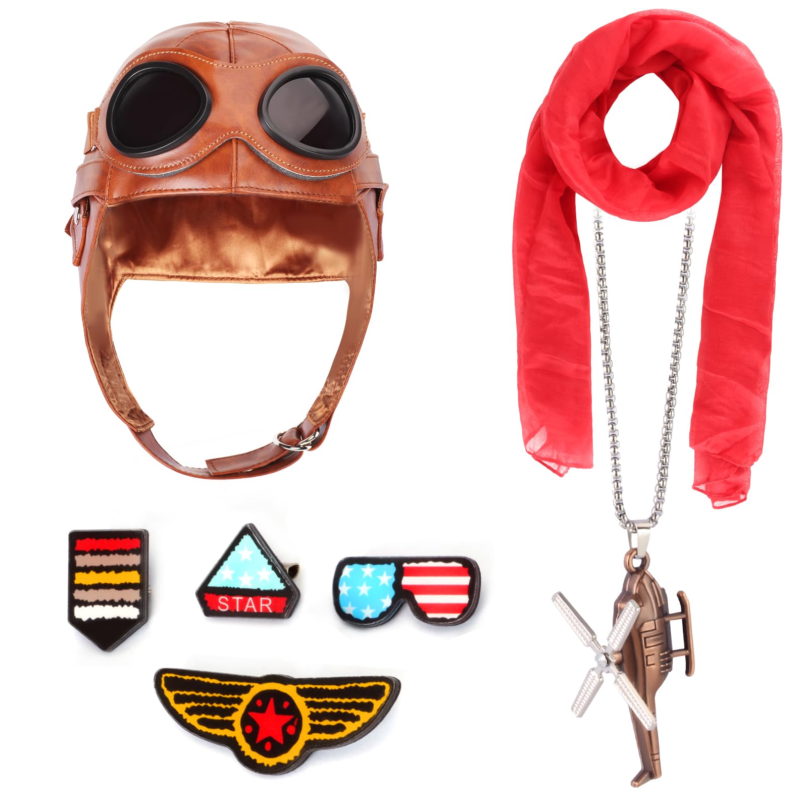 Kyson Costume da aviatore per bambini, in pelle, cappello da aviatore, con occhiali, sciarpa, spilla, collana, per Halloween, feste a tema aviazione