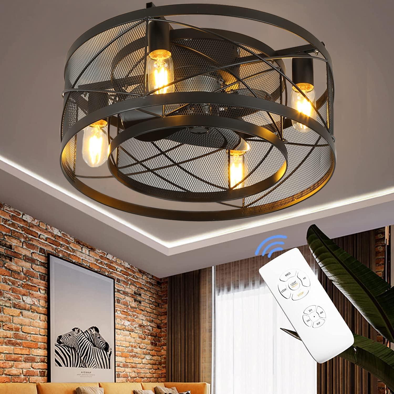 Caged 20” Ceiling Fan with Lights and Remote, 3 Speeds Adjustable Timing, Flush Mount Farmhouse Low Profile Bladeless Ceiling Fans - - 