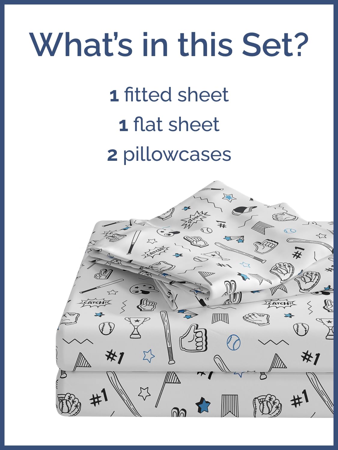 Parure de lit douce et confortable pour garçons et filles, facile d'entretien et à nettoyer, confortable, en microfibre infroissable pour les tout-petits, à motif amusant pour enfants, bleu baseball