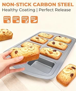 Bake Choice Mini Loaf Tins, 8-Cavity Non-Stick Carbon Steel Baking Pans Set for Banana Bread, Cornbread, Brownies, Cheesecake, Muffins, Pound Cake, Small Meatloaf, Bread Pan