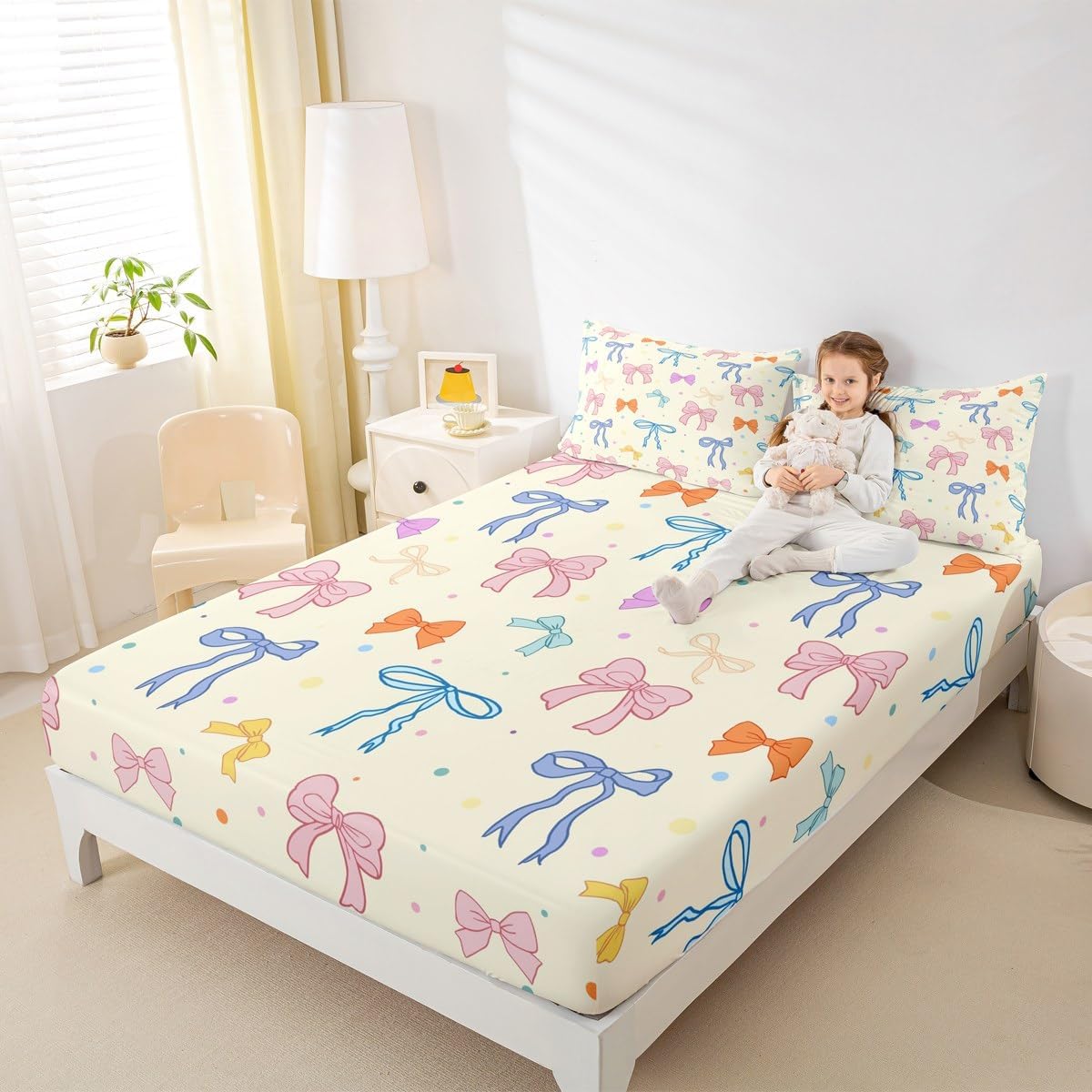Kawaii Bowknot Fitted Sheet Full Size Cute Dots Colorful Bedding Set for Kids Girls Teens Girly Style Bow-tie Bed Sheet Set Dreamy Cartoon Bed Cover Room Decor,No Top Sheet