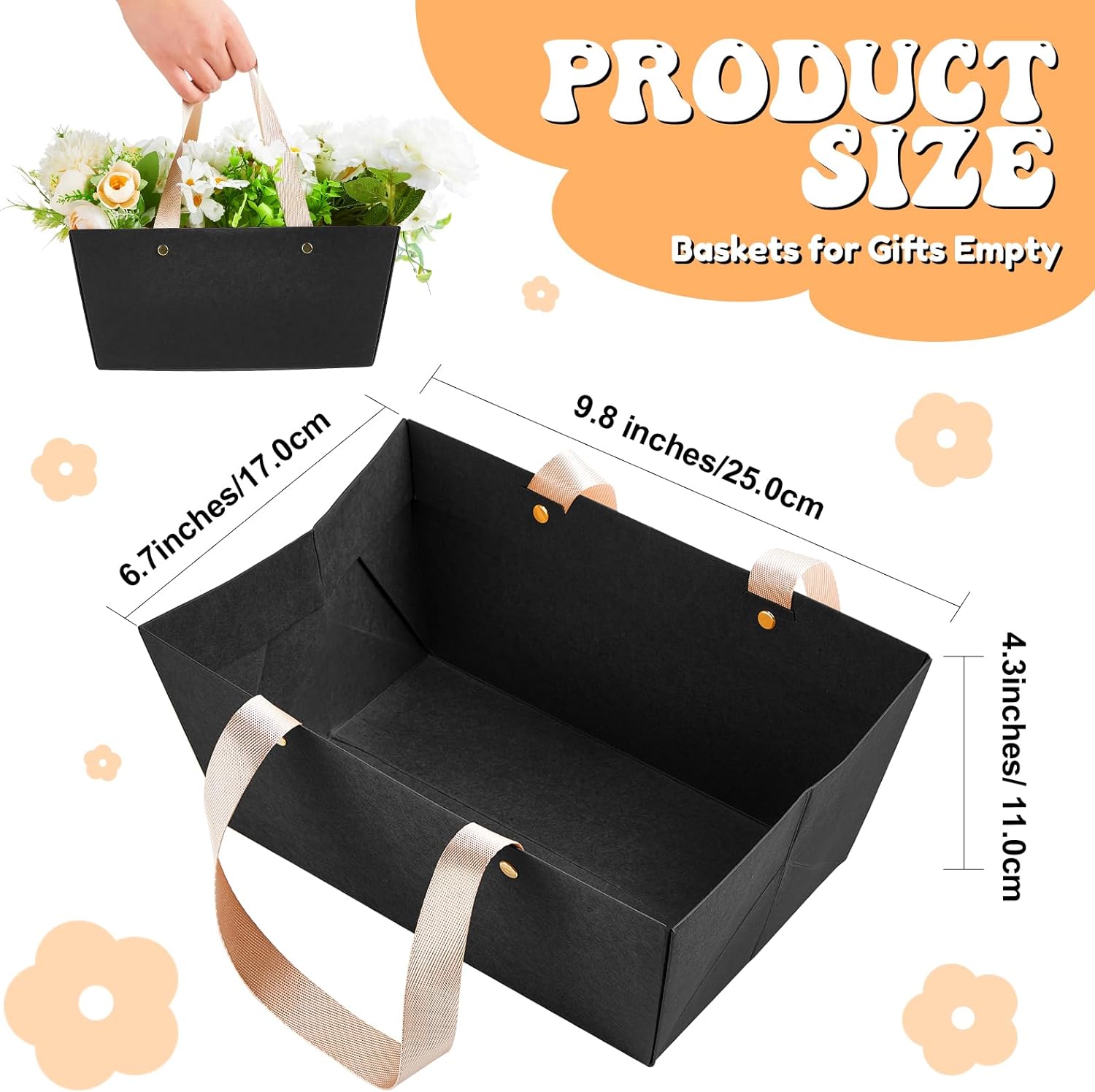 Tuanse 30 Pcs Basket for Gift Empty DIY Bulk Gift Basket Kit with Handle Kraft Cardboard Tray with 30 Bag 30 Bow Market Tray for Wedding Party(Black,9.8 x 6.5 x 4.3 in)