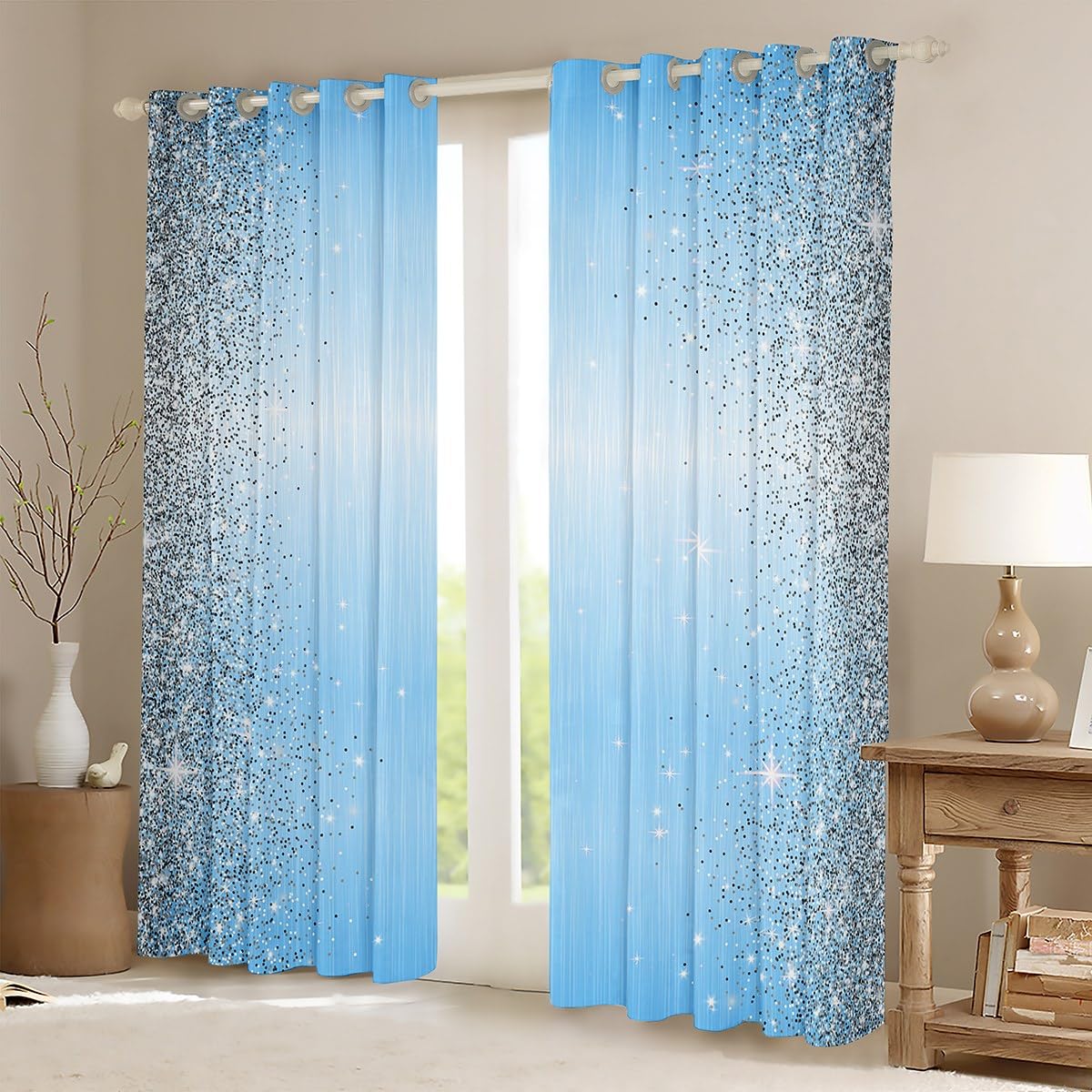 Manfei Abstract Print (No Glitter) Kids Window Curtains Fashion Blue Window Drapes for Boys Girls, Cartoon Print Window Treatments, No Sequins, Grommet Top 2 Panel Set Bedroom Curtains, 38Wx54L inch