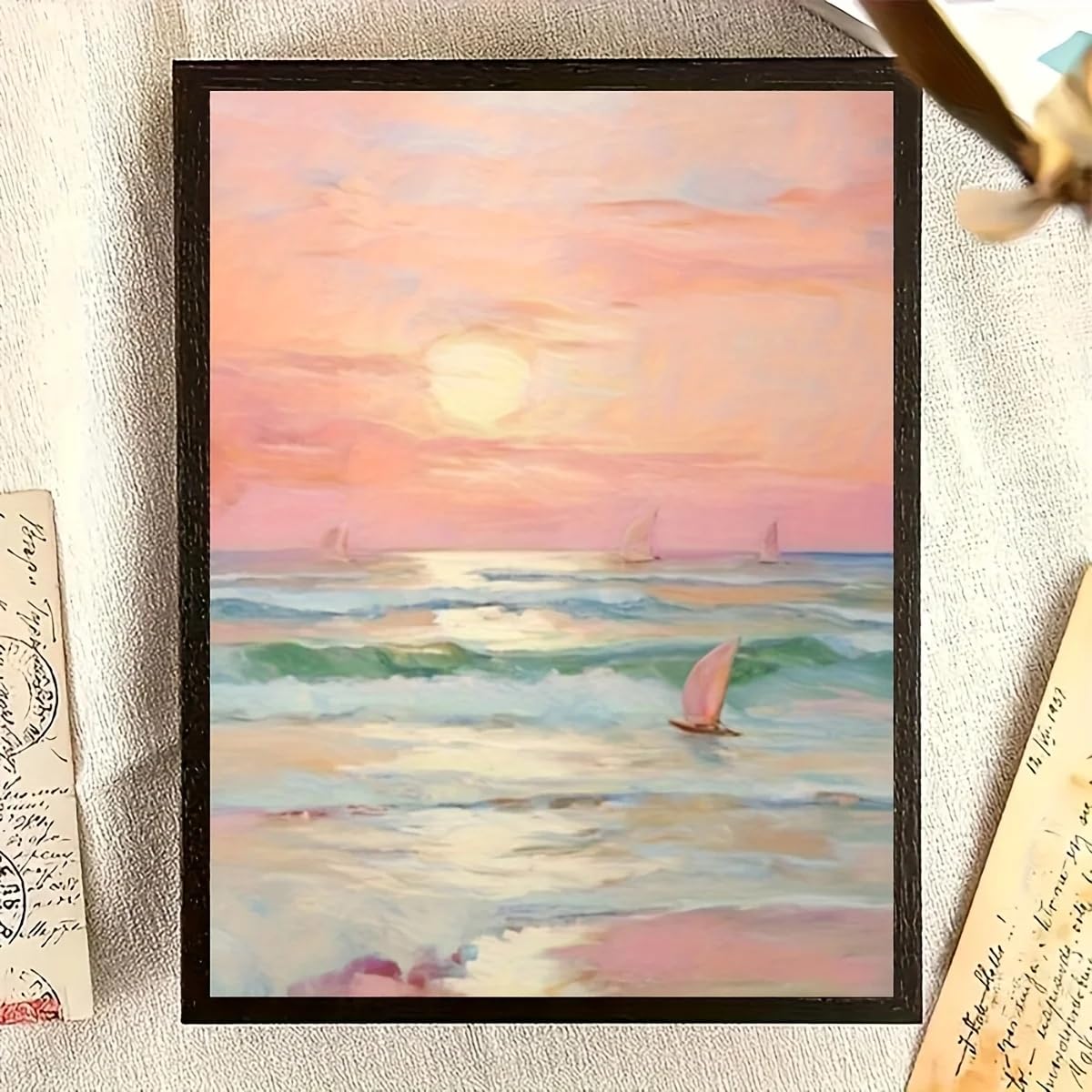 Gosrd Frameless Canvas Prints Coastal Sunset Ocean Wall Art Print Pink Golden Beach Painting With Sailboats, Turquoise Waters Soft Paste(60X80cm/Frameless)