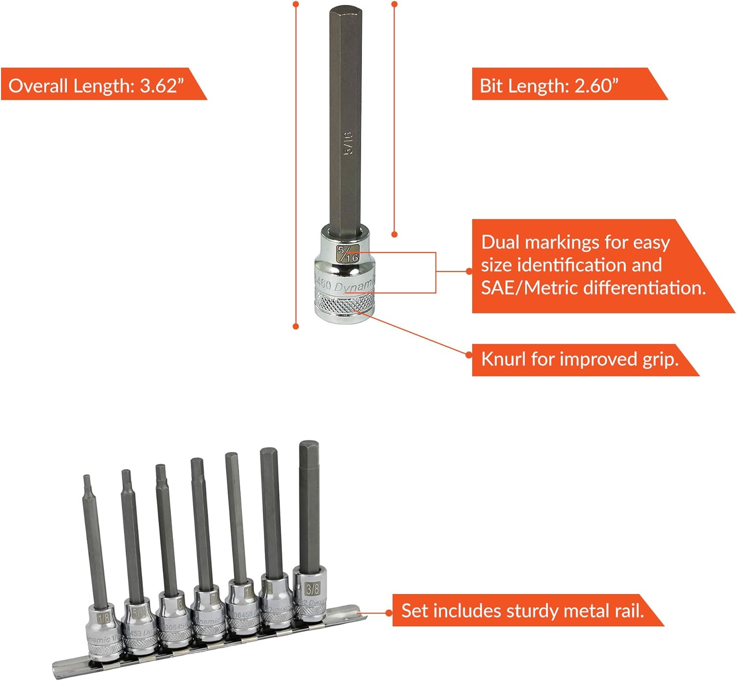 Dynamic Tools 3/8" Drive 7 Piece SAE, Long Hex Socket Set, 1/8" - 3/8"