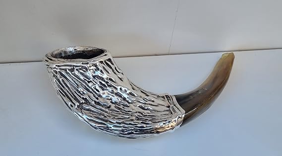 Authentic Ram's Ram Horn Shofar (12-14 Curved Length) with Silver Plated Jerusalem Old City Design, Includes Display Stand