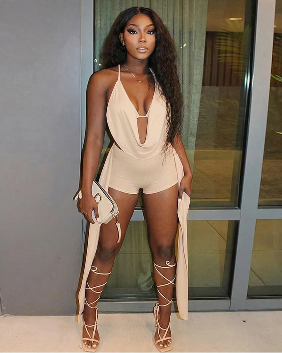 Ophestin Women Sexy Two Piece Outfits V Neck Halter Backless Bra Top Bodycon Shorts Side Ribbons Going Out Club Outfits - Image 4