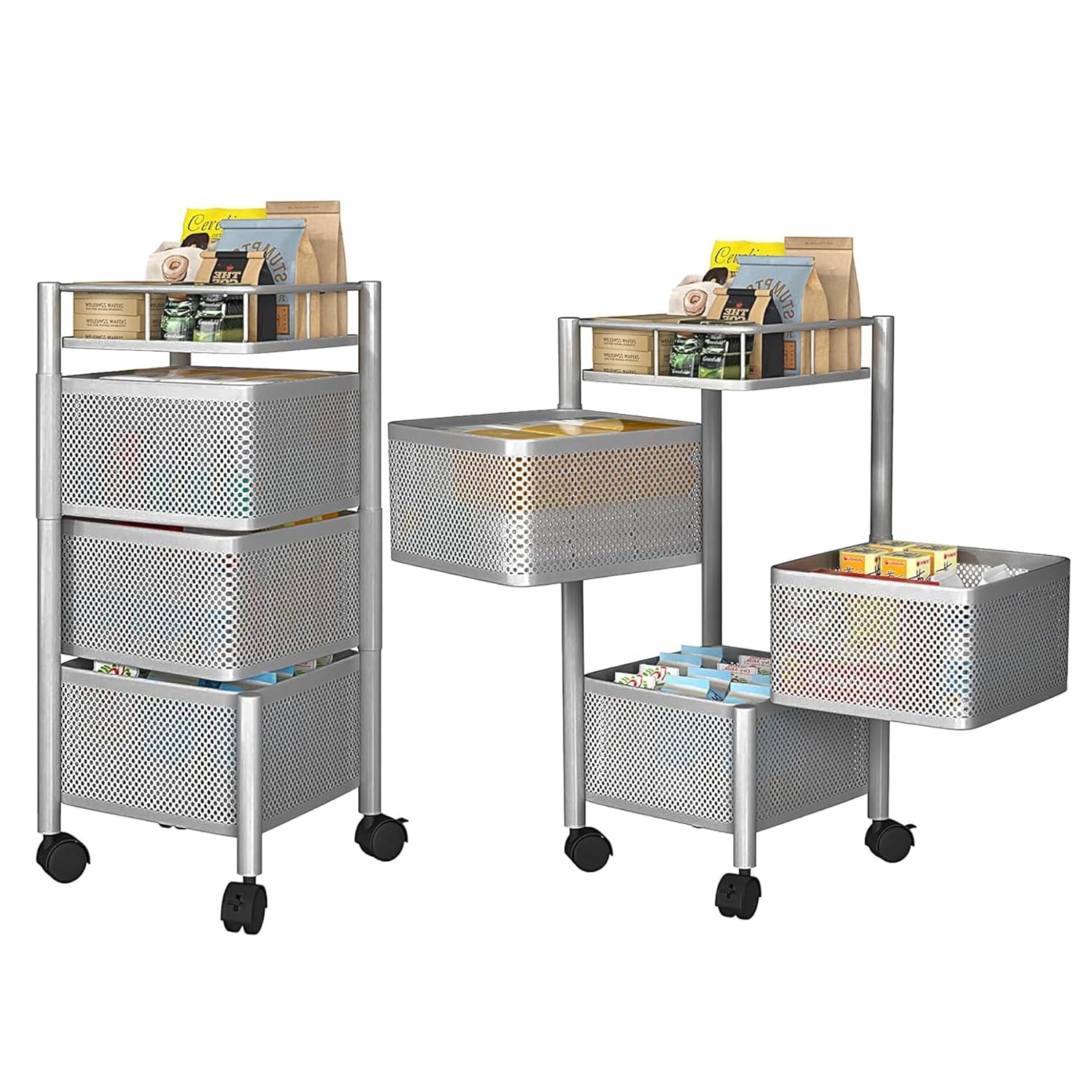 Fun Homes Set of 2 Kitchen Storage Rack | 3-Tier Square Storage Trolley with Wheels | Revolving Vegetable Rack | Metal Fruit Rack | Silver Fun Homes Set of 2 Kitchen Storage Rack | 3-Tier Square Storage Trolley with Wheels | Revolving Vegetable Rack | Metal Fruit Rack | Silver
