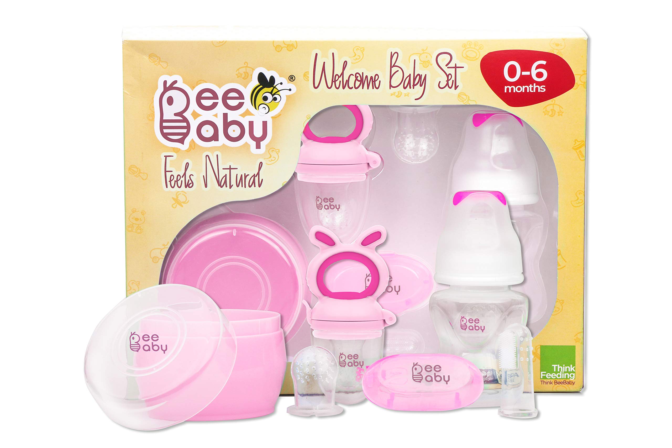 BeeBaby Premium Welcome Baby Gift Set for Newborn Infants. Perfect for Birthday Gift Set or Stater kit with Powder Puff | Nibbler Fruit Feeder | Finger Brush and Feeding Bottle. (Pink) 0 Months+-image-6