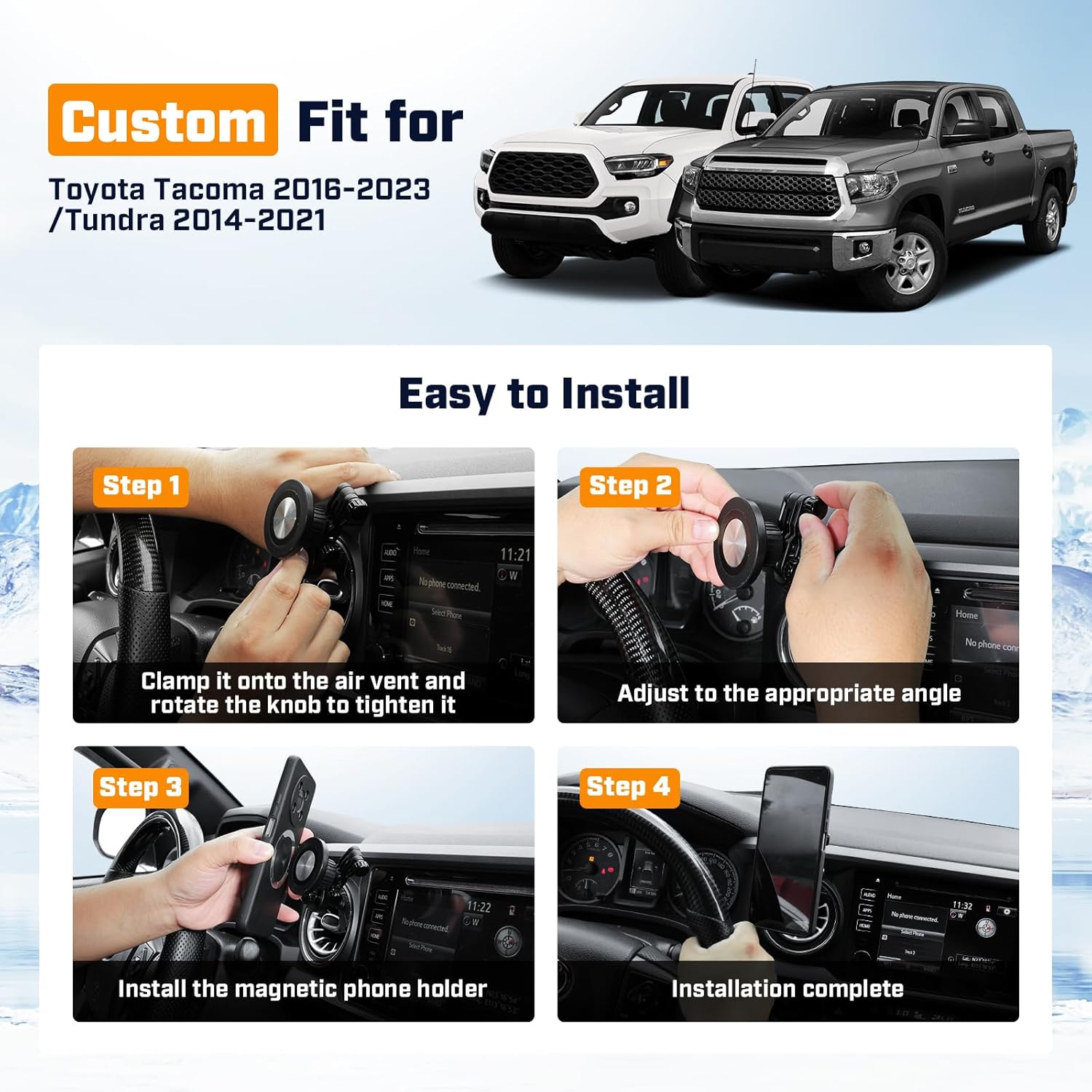 Karltys 2400gf Magnetic Vent Phone Mount Compatible with Toyota Tacoma 2016-2023/Tundra 2014-2021, Aluminum Suction 360° Adjustable Phone Holder, 78+LBS Support Arm Cell Phone Cradles Accessories