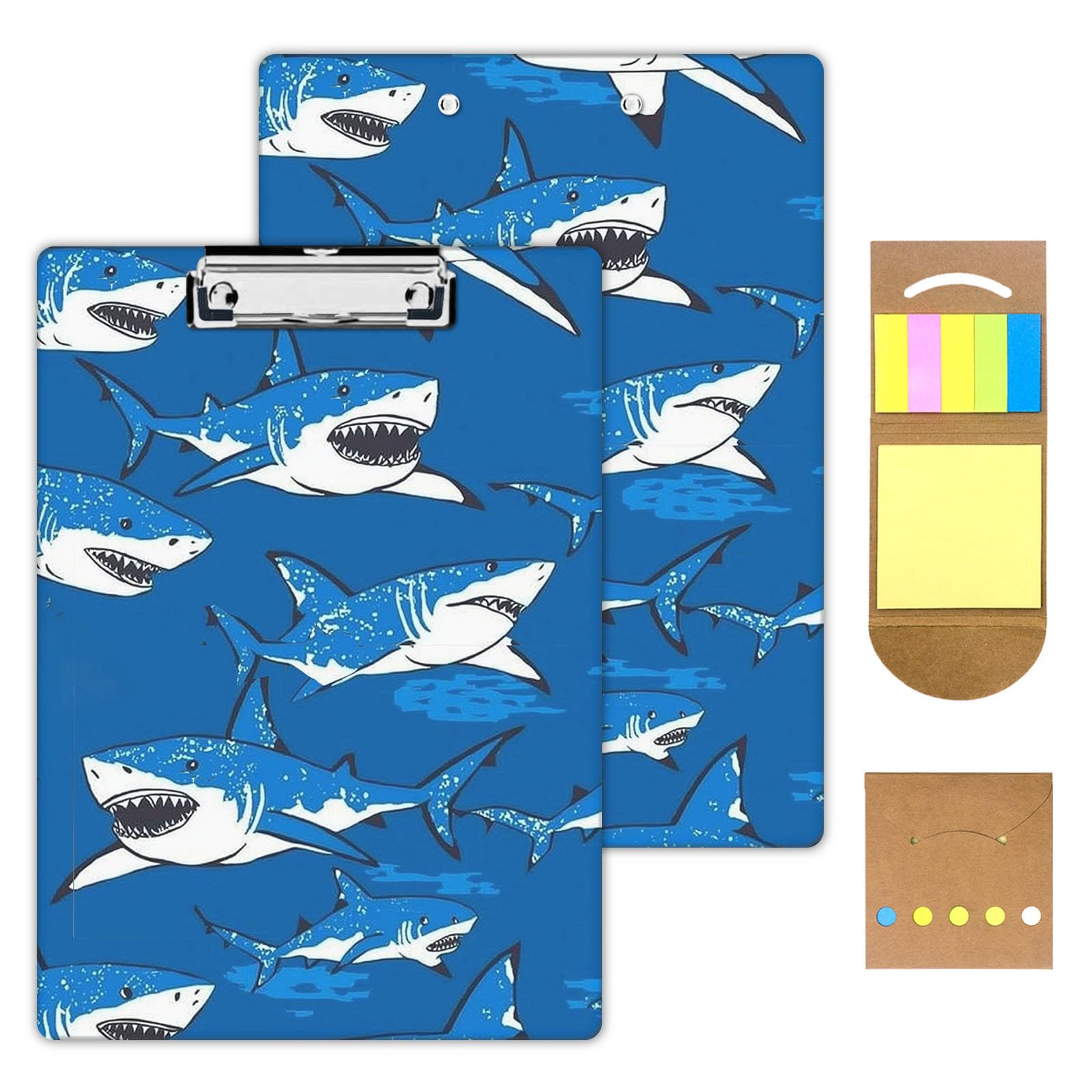 KUJKBFWJ Acrylic Clipboards with Sticky Note, A4 Letter Size Durable Cute Clip Board 9x12.5, for Students, Nursing, School and Office, with Low Profile Clip & Hanging Loop, Sharks