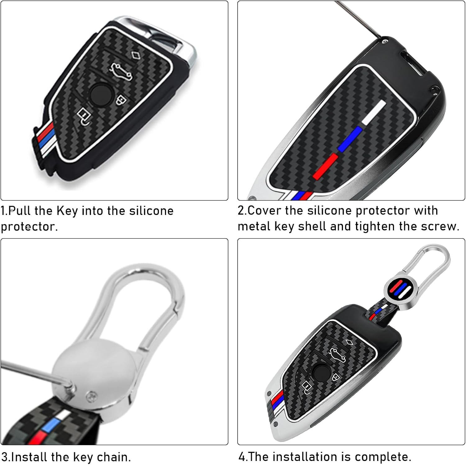 Jaronx Compatible with BMW Key Fob Cover 2'F45/3'G20/5'G30/6'G32/7'G11/8'G14/X1 F48/X3 G01/X4 G02/X5 F15 G05/X6 F15 G06/X7 G07/Z4 G29, for BMW Metal Key Fob Cover Carbon Fiber Pattern Silicone Rubber