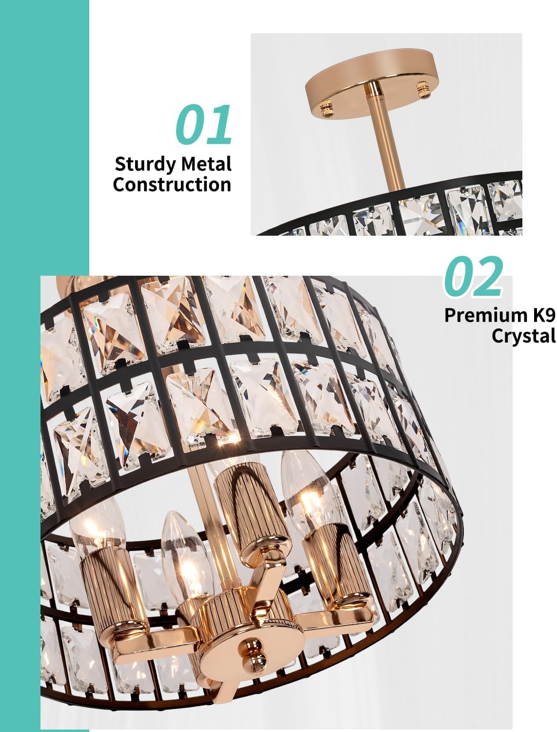 Crystal Ceiling Lights: 11.2'' 4-Light Black and Gold Semi Flush Mount Chandelier with K9 Crystals - Modern Small Drum Round Chandeliers for Hallway Bathroom Bedroom
