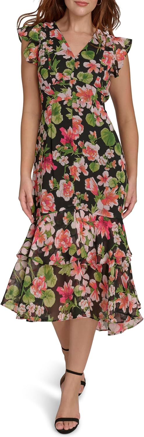 Tommy Hilfiger Women's Flutter Sleeve V-Neck Ruffle Trim Hi-Lo Midi Dress