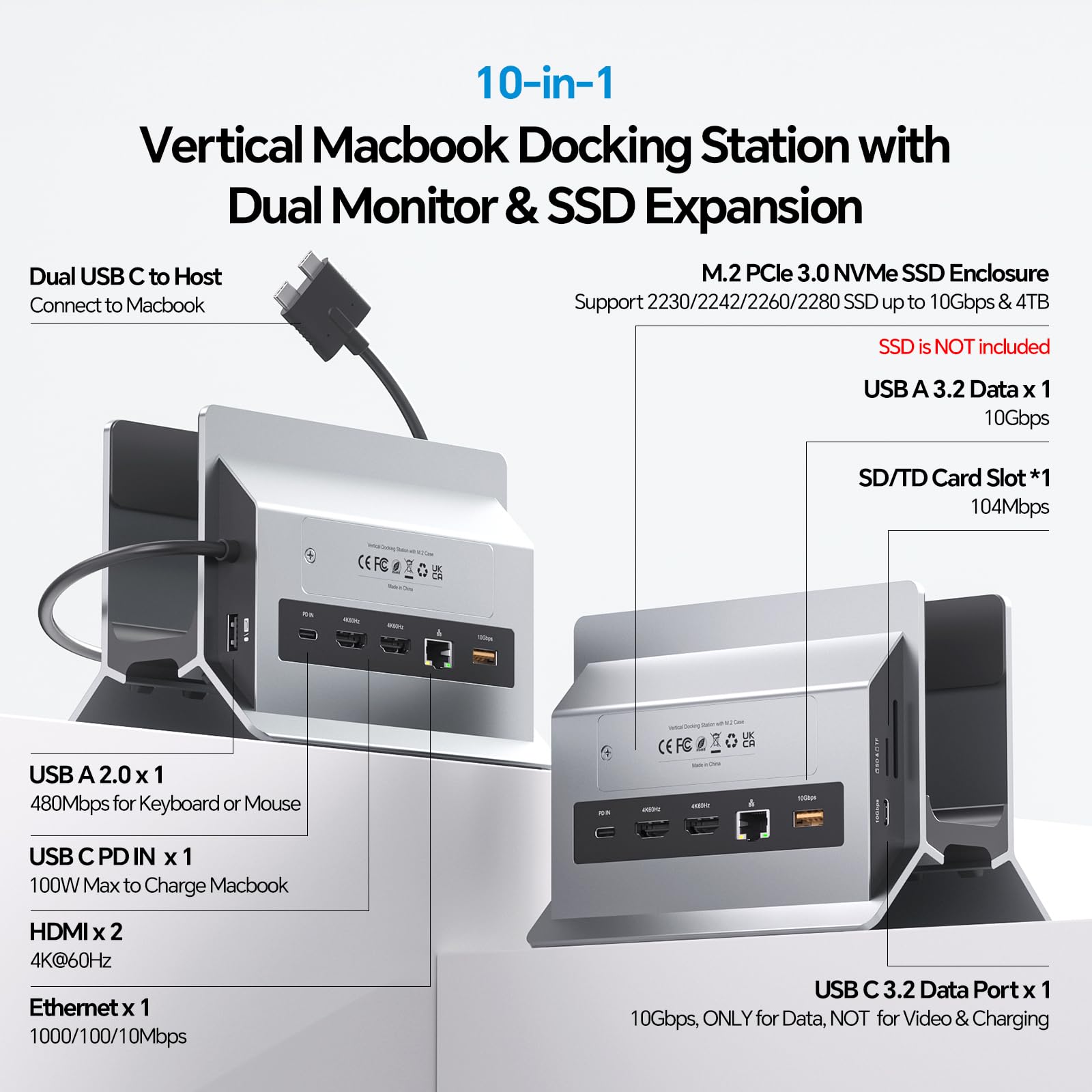 MacBook Docking Station Dual Monitor, Docking Station USB C per laptop con 2 HDMI 4K@60Hz, USB A/C 10Gbps, PD, Ethernet, M.2 SSD Case, Vertical Dock Stand SD/TF per MacBook Pro Air M3 M4 M5