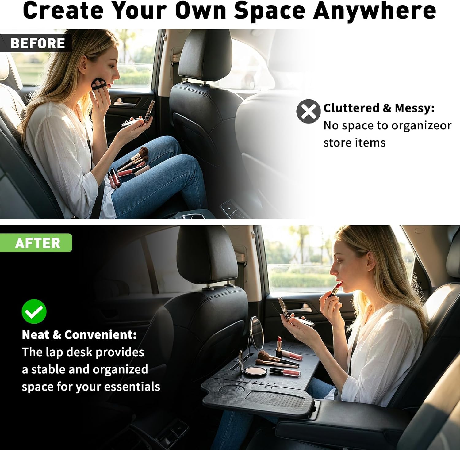 Tesla Model 3 Model Y Car Desk, Triple Foldable Laptop Table Food Tray, Portable Full Size Car Table with Cup Holder, Multipurpose Tray for Eating Working Travel Camping Accessories