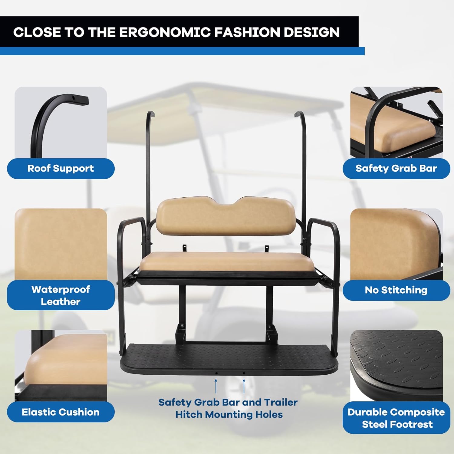 Golf Cart Rear Flip Seat Kit, Tan Cushions, Black Powder-Coated Frame, Fit for YAMAHA G14 G16 G19 G22 Models, Plastic Footrest, Cooler Box Cutout