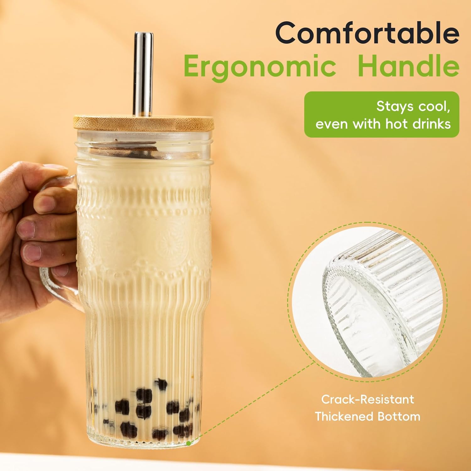 Glass Cups with Bamboo Lids and Straws, 24oz Glass Tumbler with Handle, Stainless Steel Straws & Cleaning Brushes – Boho Pattern Iced Coffee Cup for Smoothies, Tea, and Gifts, Set of 2 - Image 4