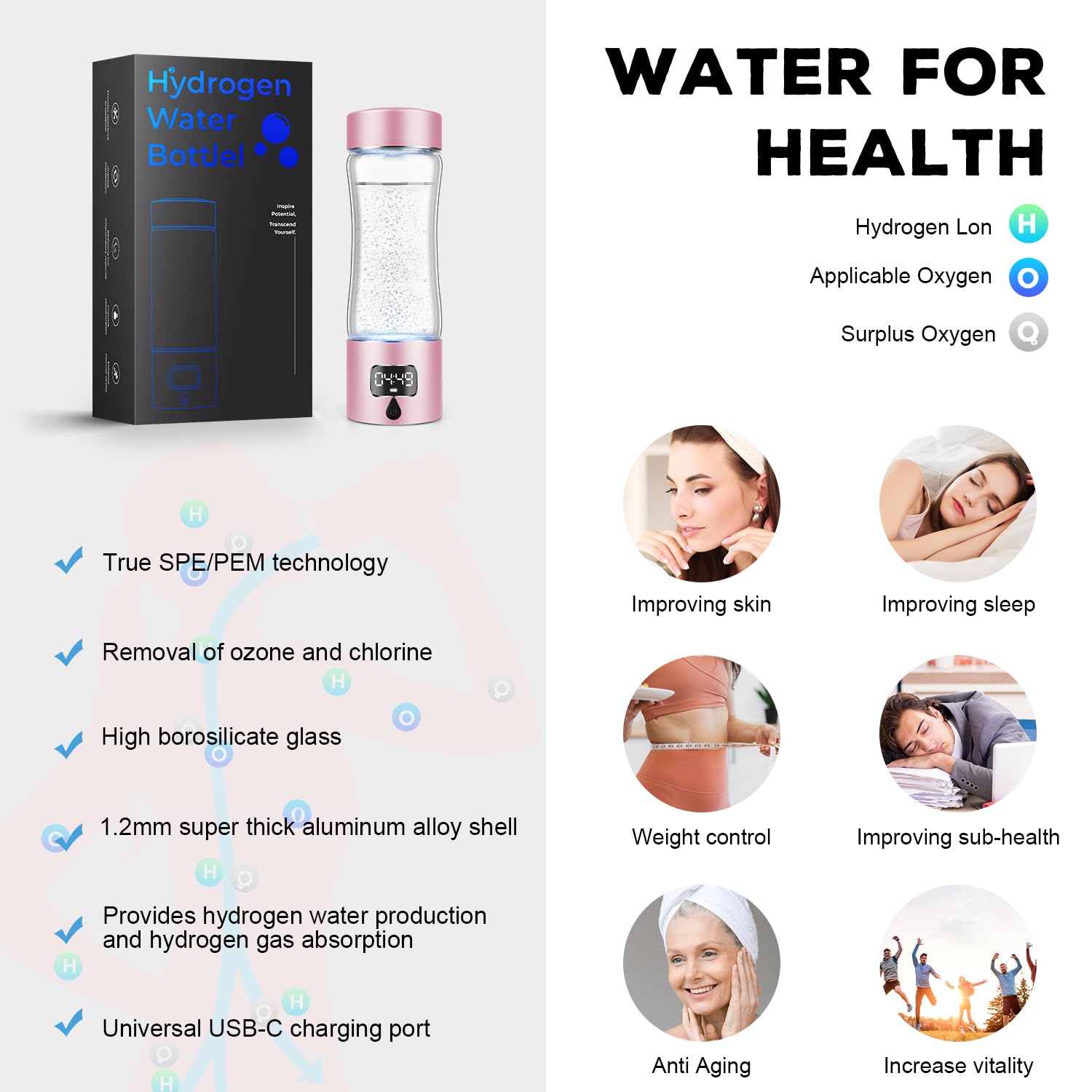 Hydrogen Water Bottle Generator, 340ml Portable Hydrogen Water Maker with SPE/PEM Technology, 5000ppb Rechargeable Ionizer Machine for Health & Wellness, BPA-Free Glass - Image 4