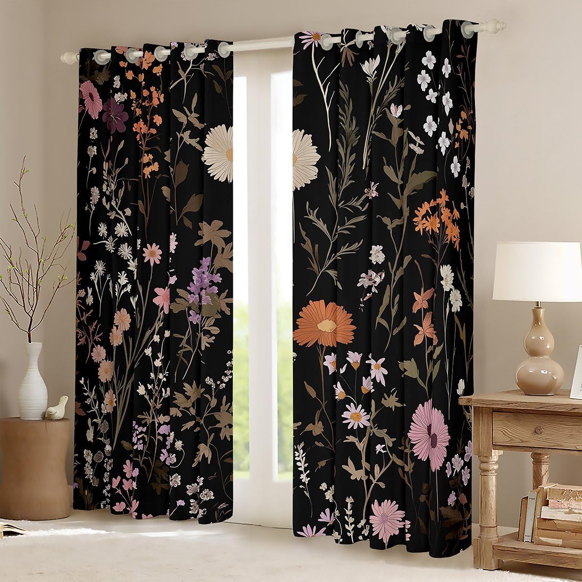 Pink and Black Wildflower Blackout Curtains Floral and Plants Window Curtains 2 Panel Sets 52"Wx84"L Wild Flowers Window Treatments Drapes for Bedroom/Living Room Vintage Botanical Floral Decor